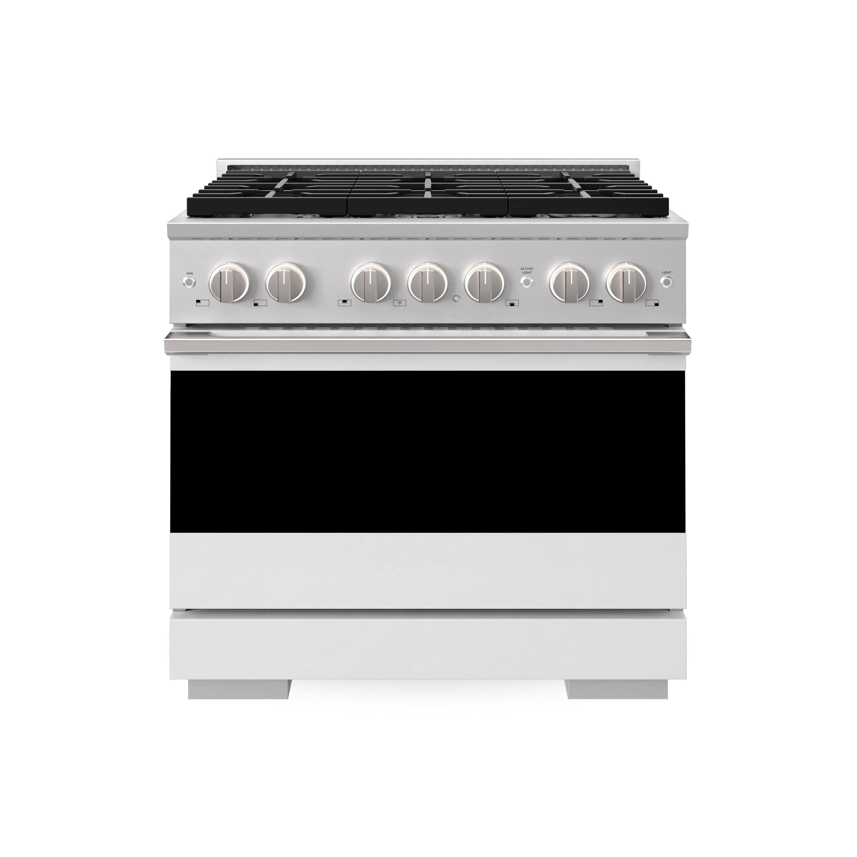 Stainless dual fuel range with black oven door and six-burner cooktop