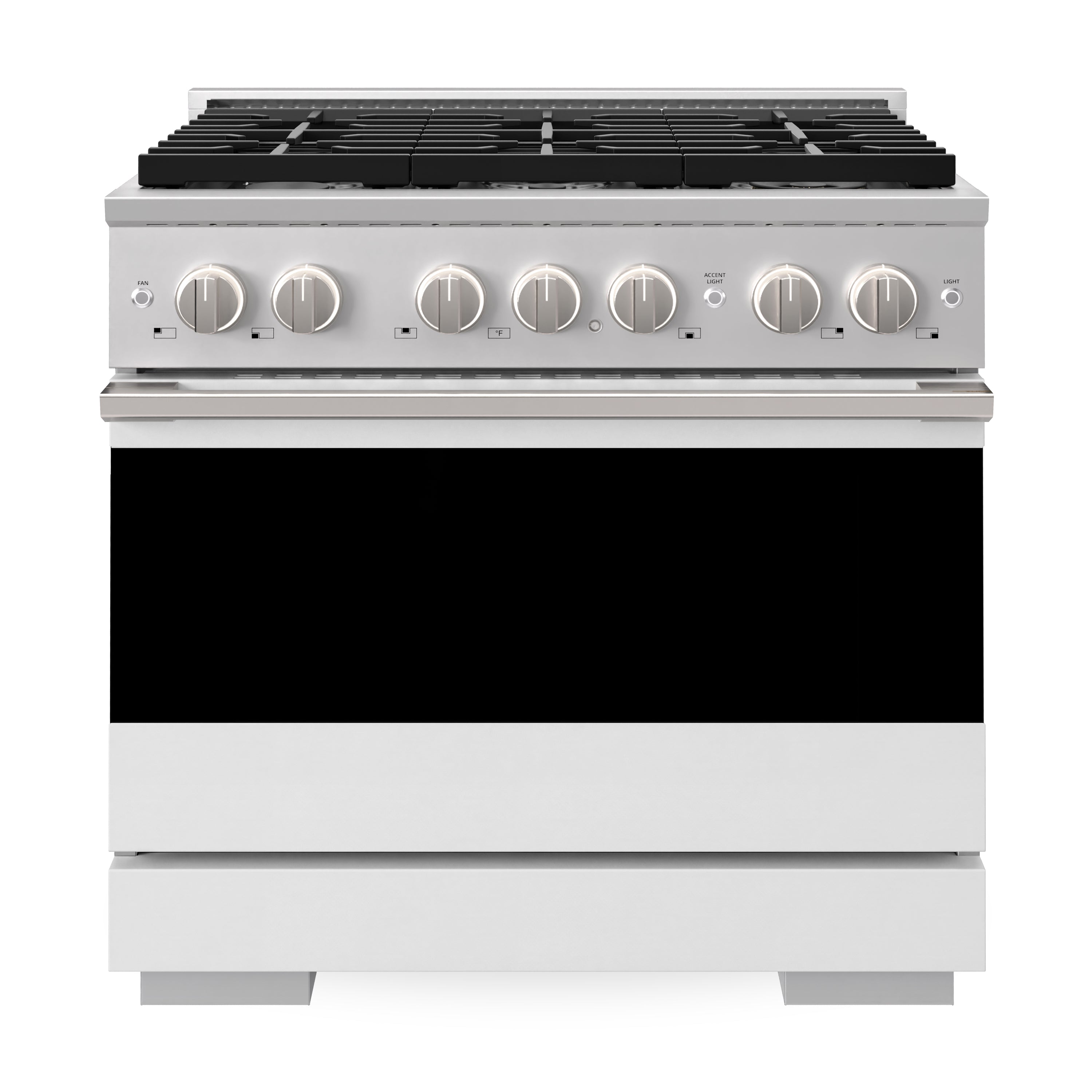 Stainless steel dual fuel range with 6-burner gas cooktop and electric oven, black door