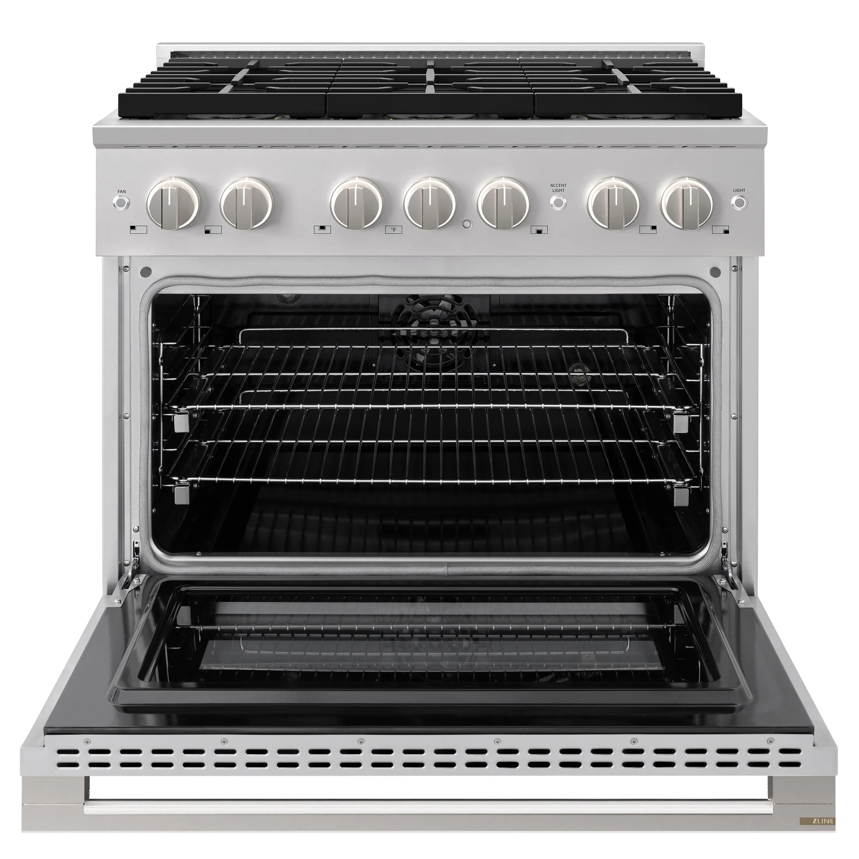 Dual fuel range with oven door open, showing baking racks and interior lights.