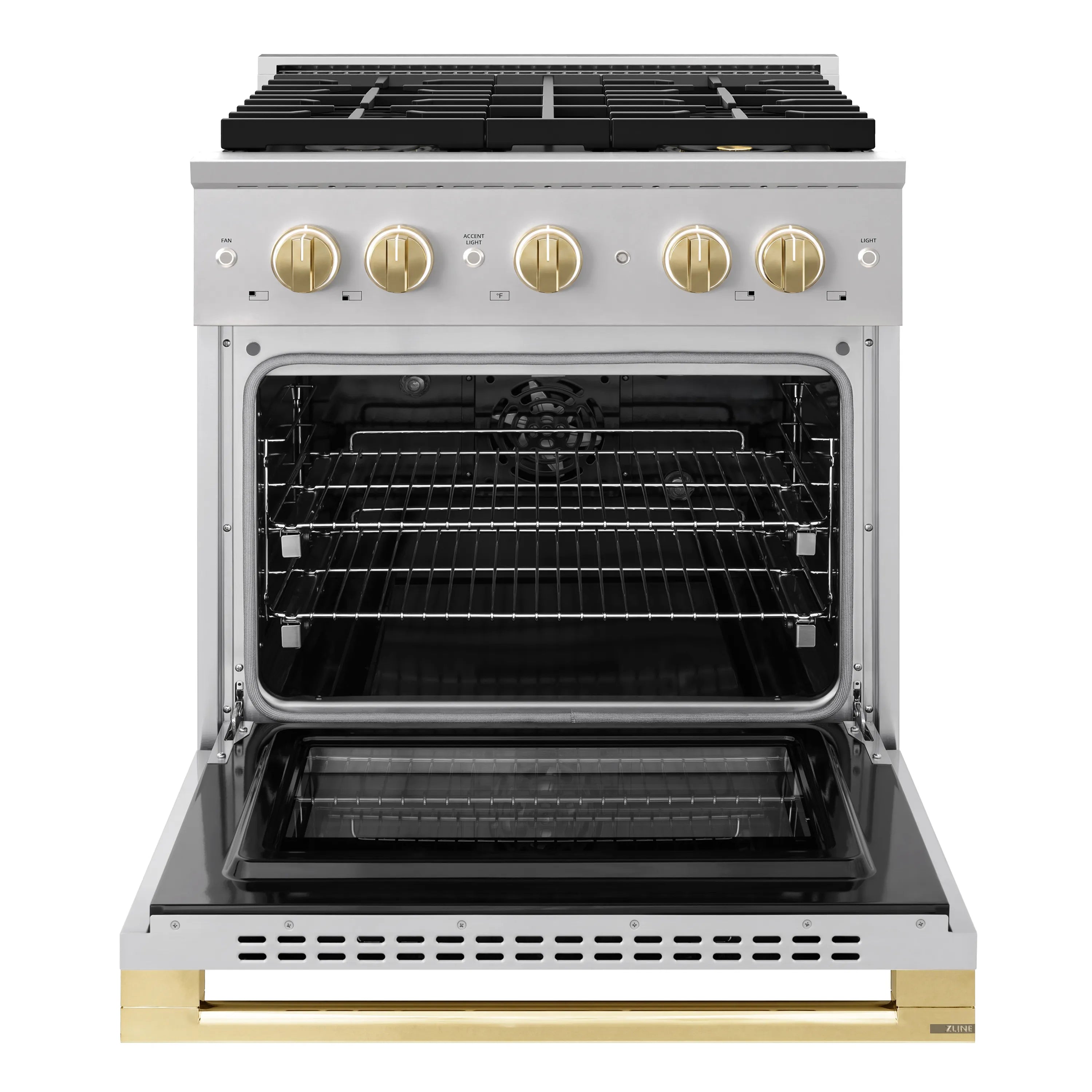 Open stainless oven with wire racks and back heating area