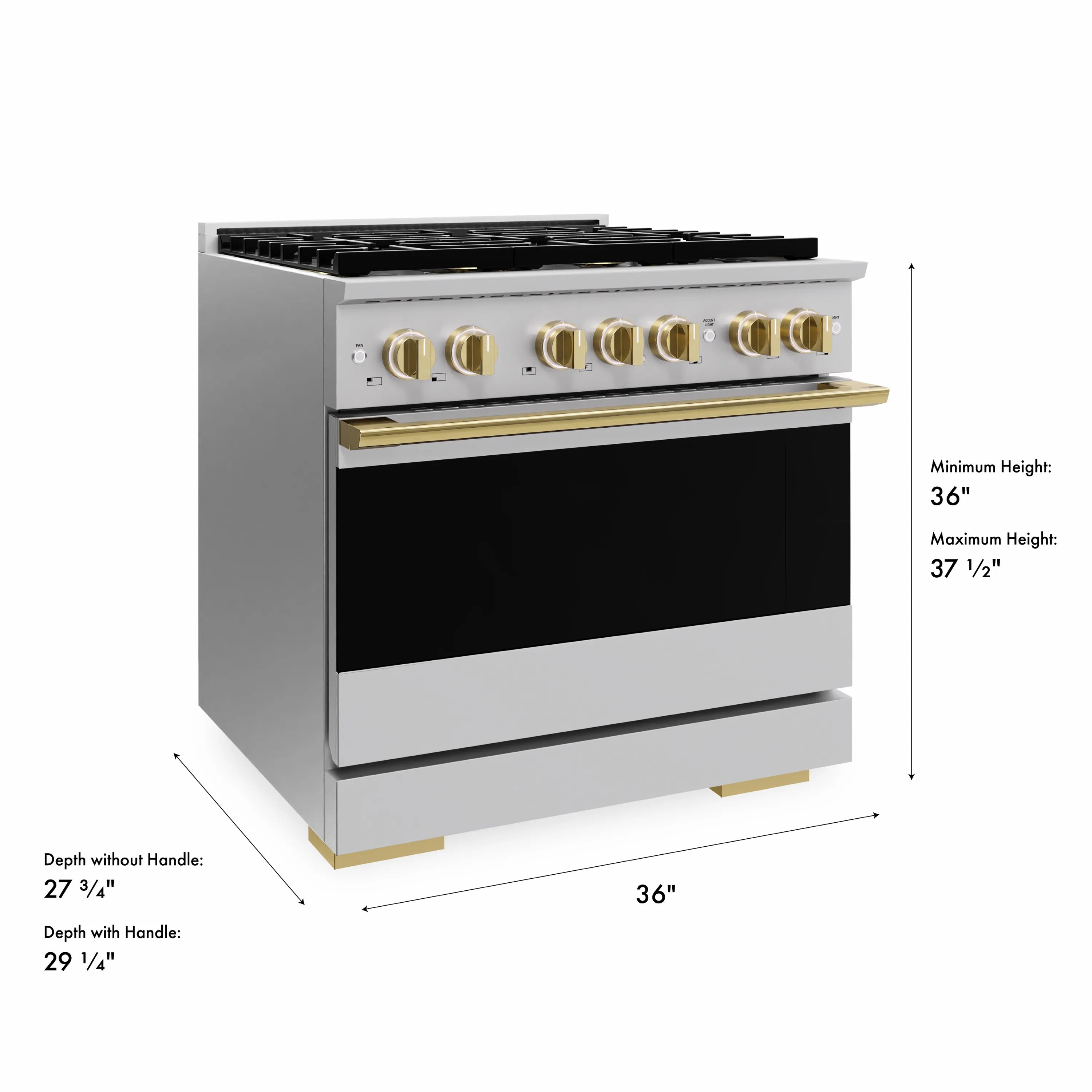 Stainless steel dual fuel range with black oven door, gold accents, and cooktop burners