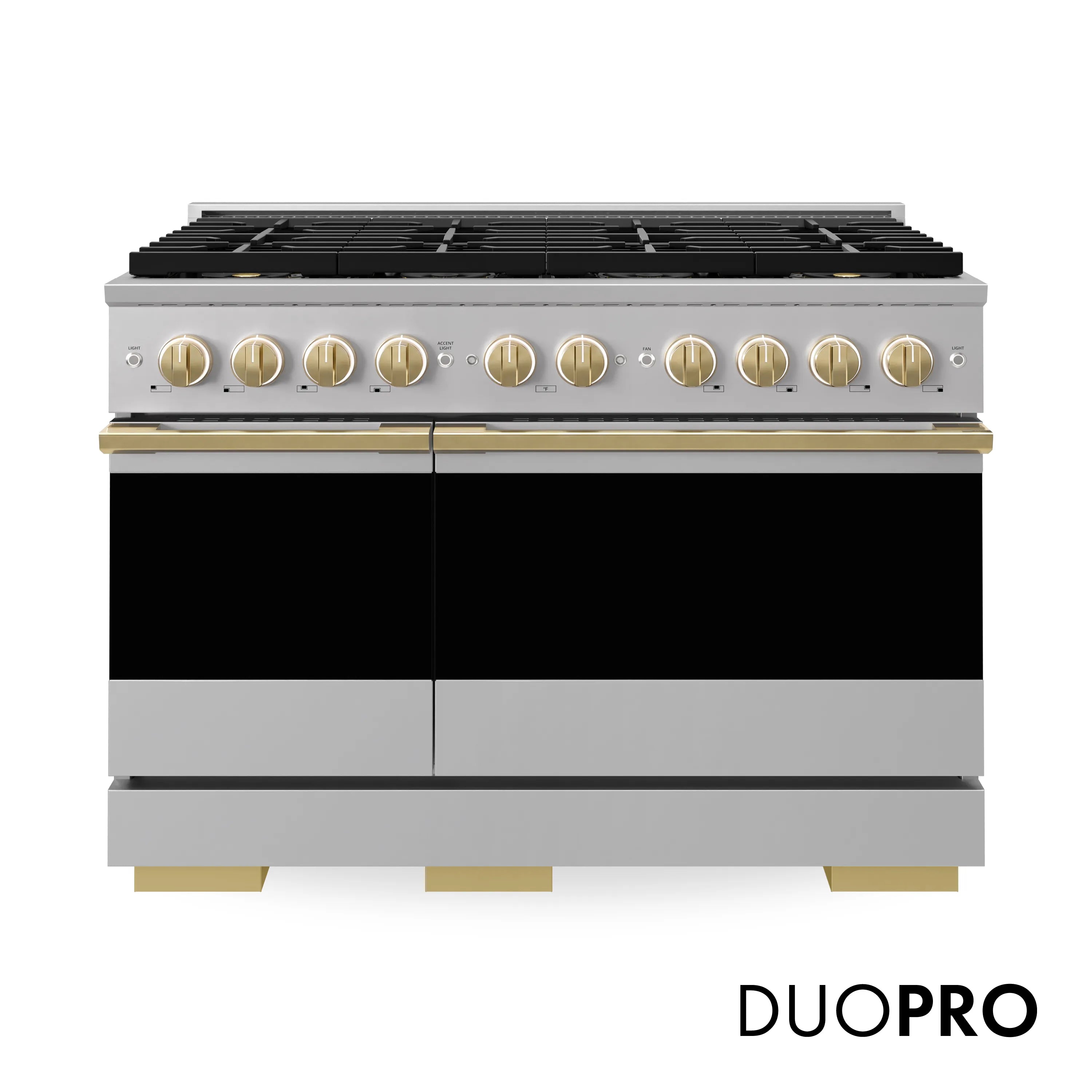 Stainless steel dual fuel range with gold control knobs and black oven doors