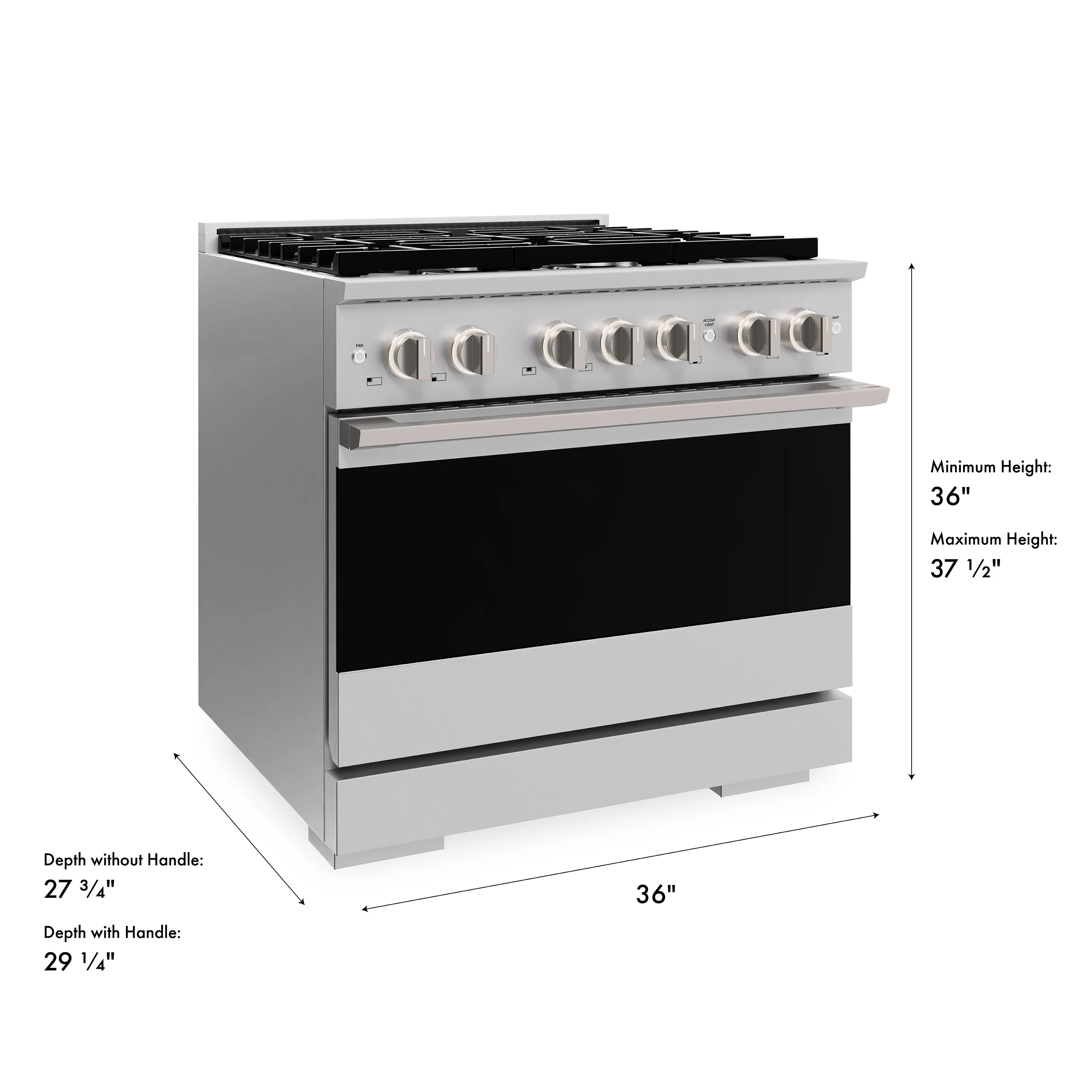 Stainless gas range with convection oven, front control knobs and closed oven door