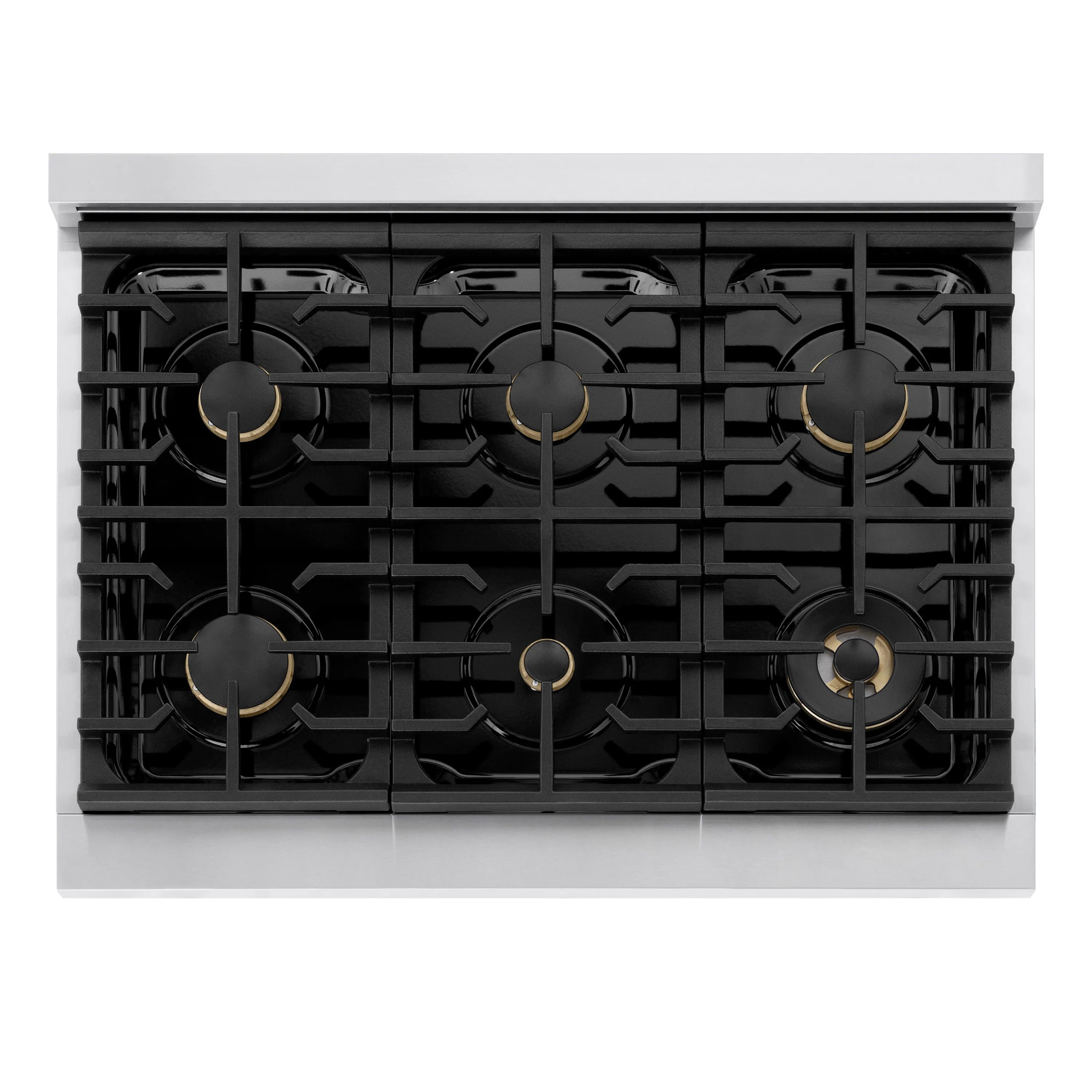 Stainless gas range cooktop with six brass burner grates and black burner layout