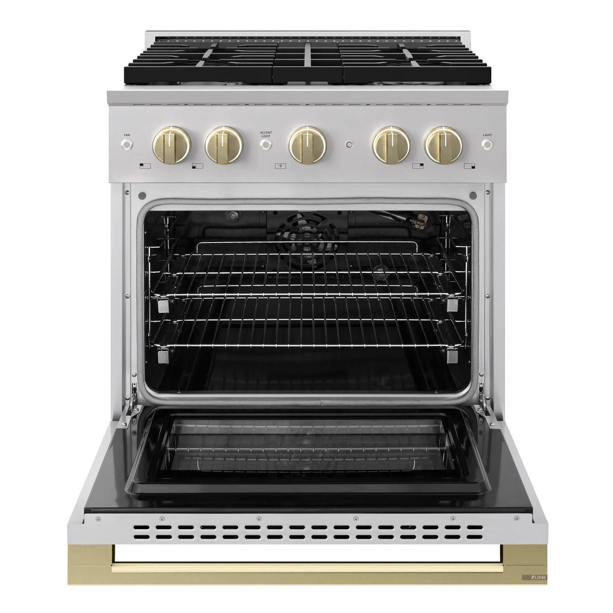 Gas oven door open with wire racks and burner controls