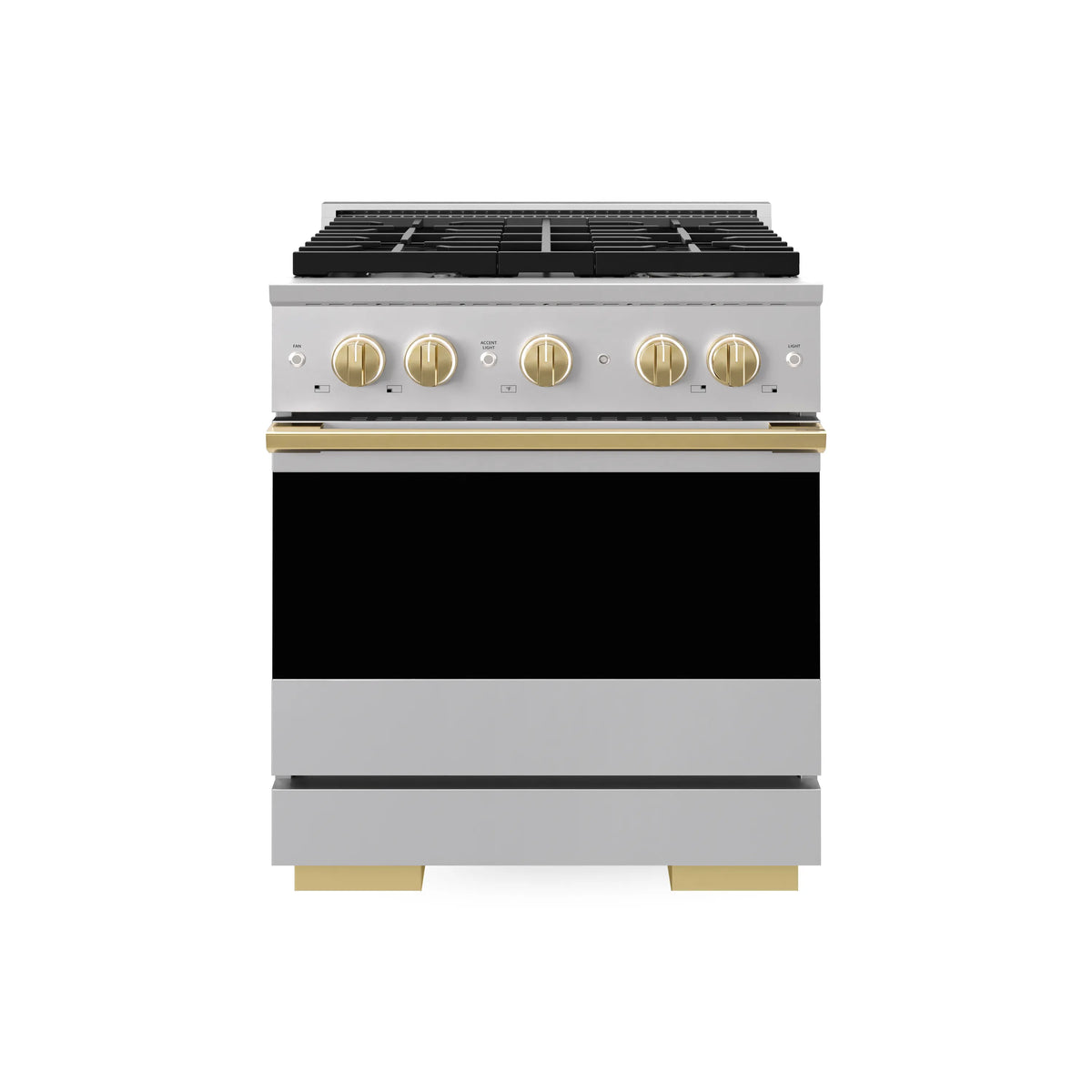 Stainless gas range with black cooktop and polished gold control knobs