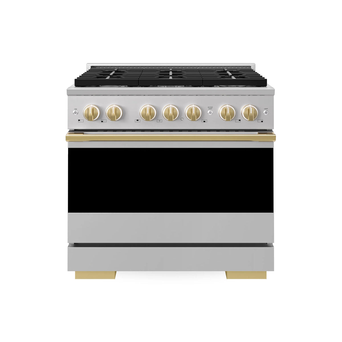 Stainless gas range front view with six burners, gold knobs, and black oven window