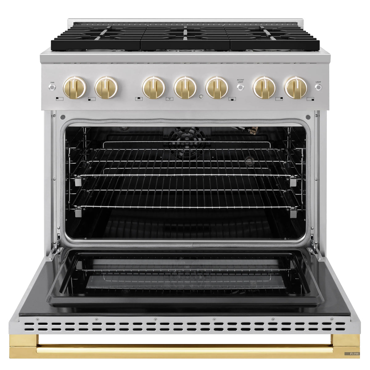 Open gas oven with black interior racks and stainless door frame