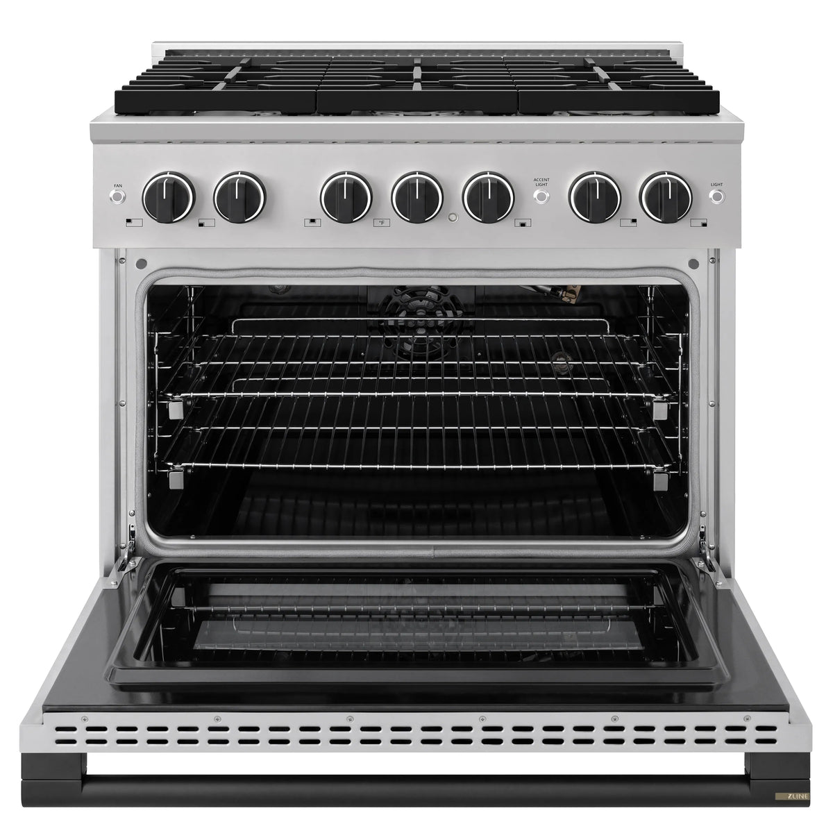 Gas range with oven door open showing racks and interior burner grate