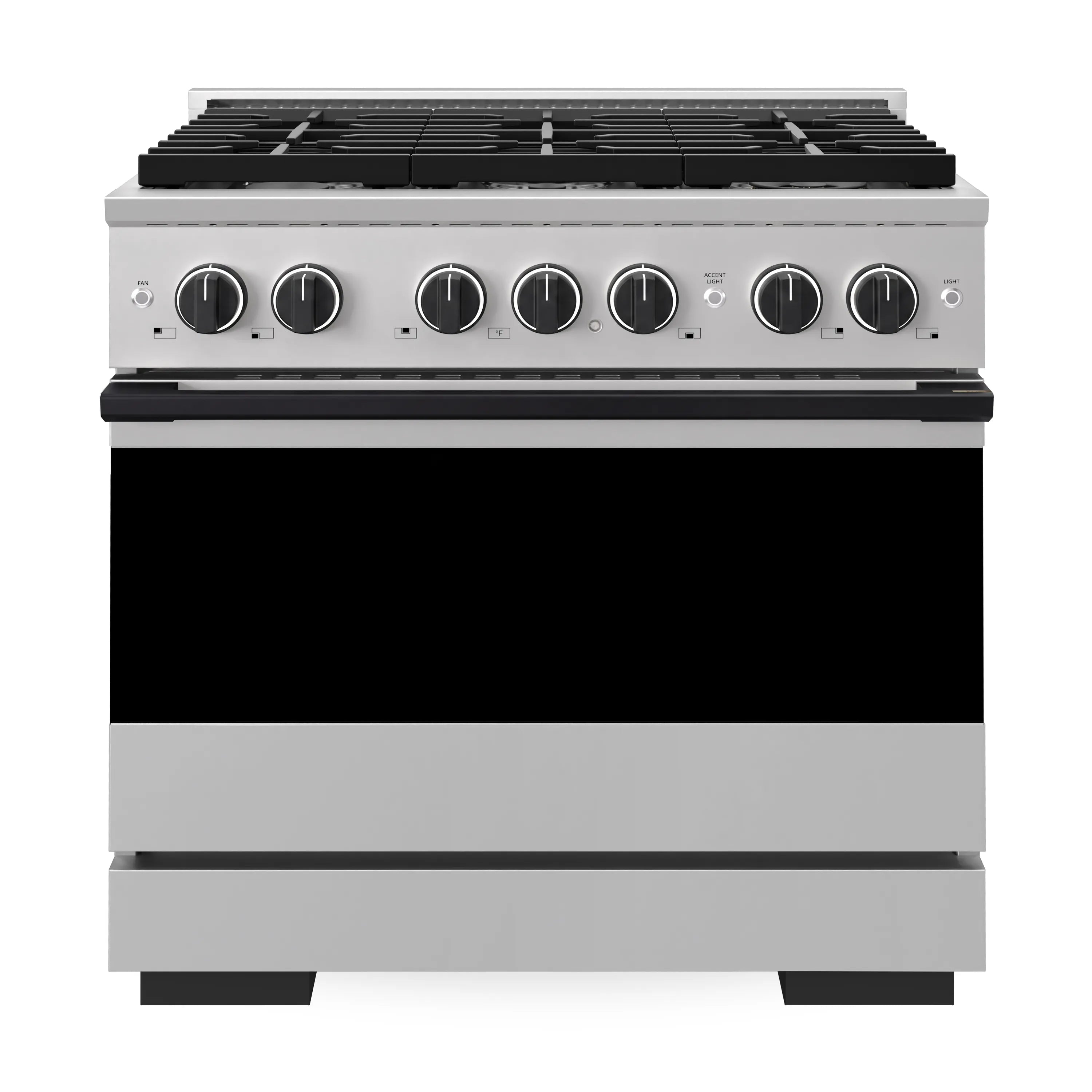 Stainless and matte black 6-burner gas range with convection oven, front view
