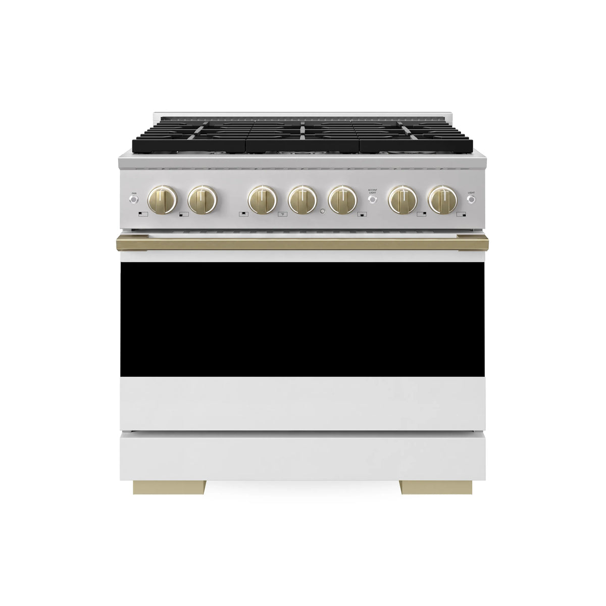 Stainless gas range with white matte door and champagne-bronze control knobs
