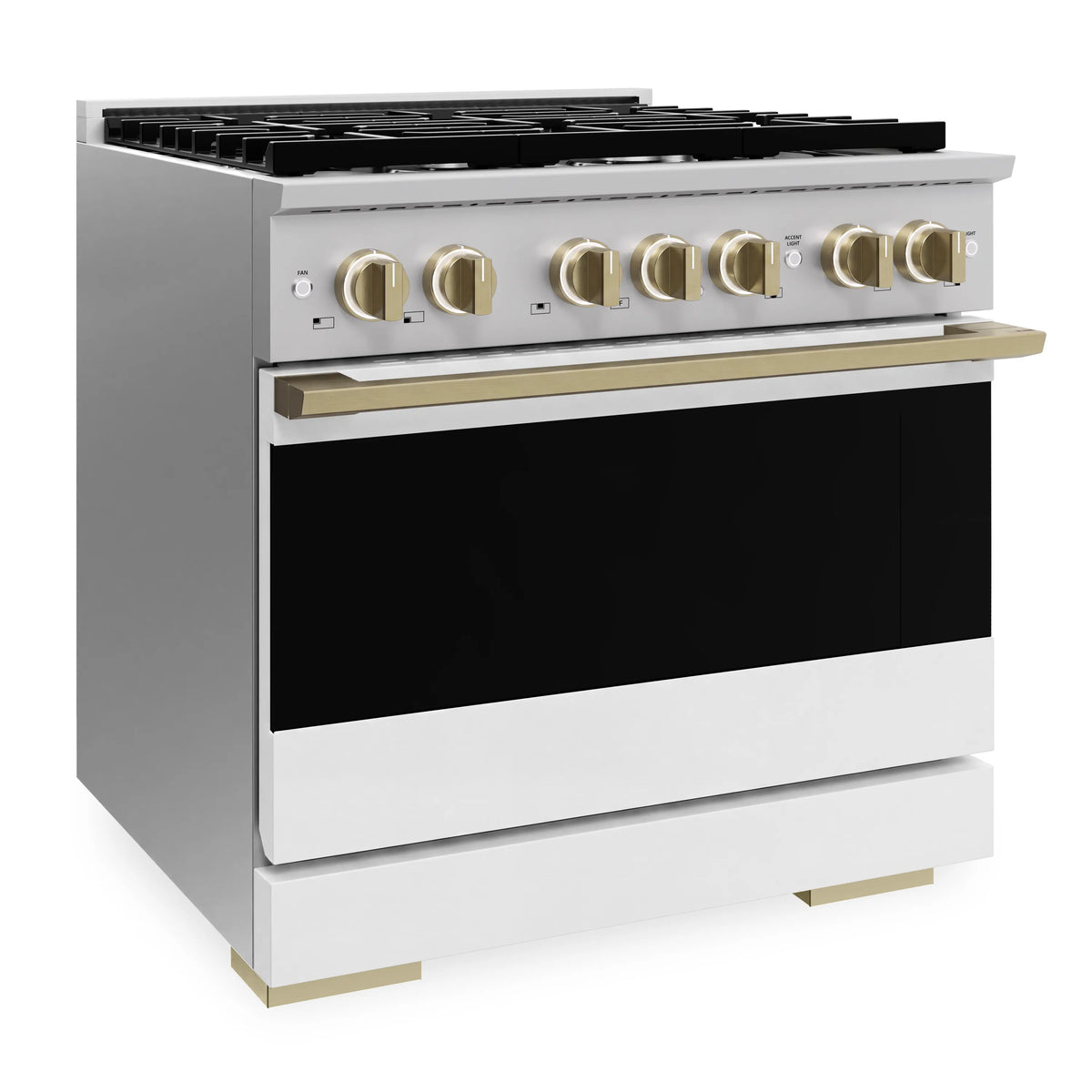 Stainless gas range with black oven door and champagne-bronze control knobs