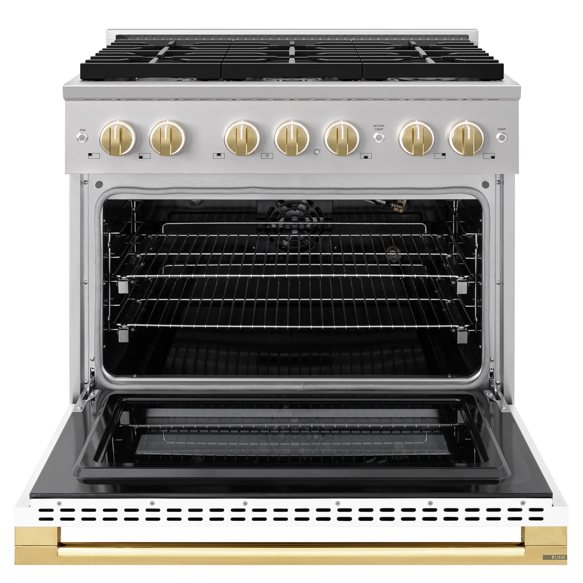 Stainless gas range with open convection oven and polished gold control knobs