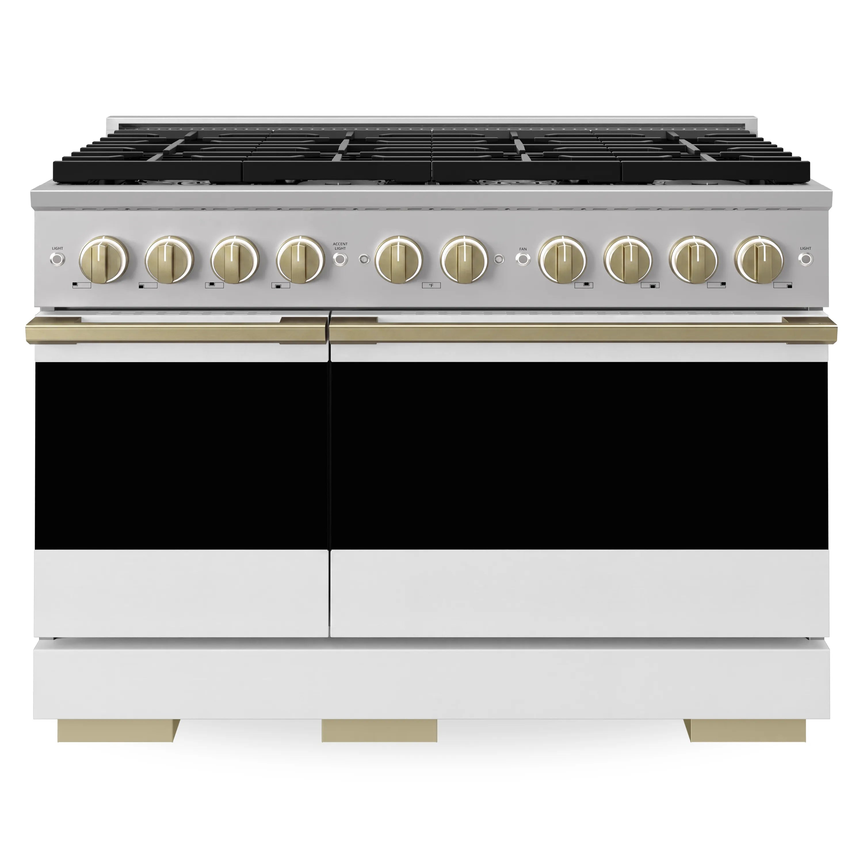 Gas range front view with black cooktop and white matte doors