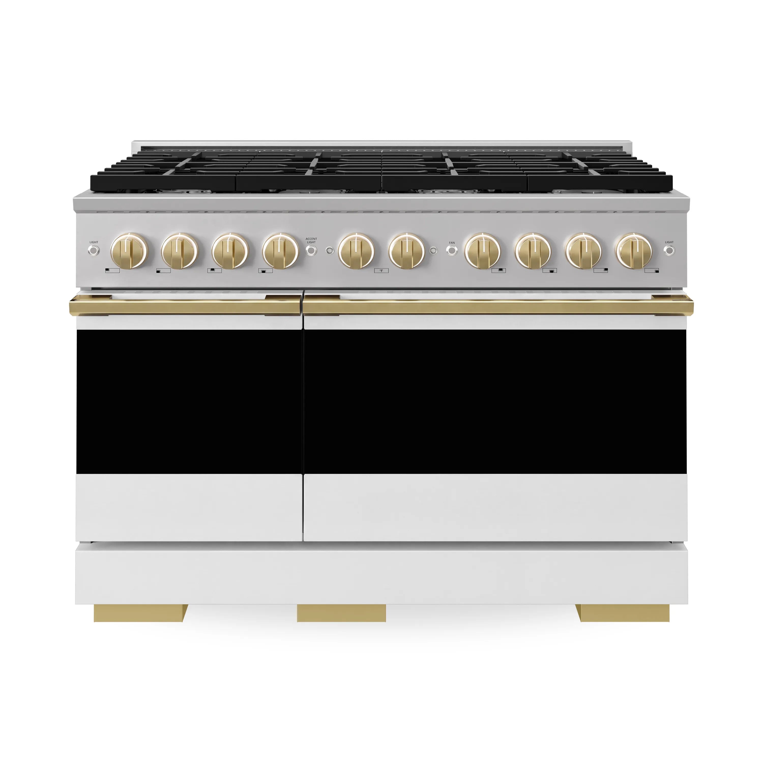 White and stainless double oven gas range with gold control knobs and black burners