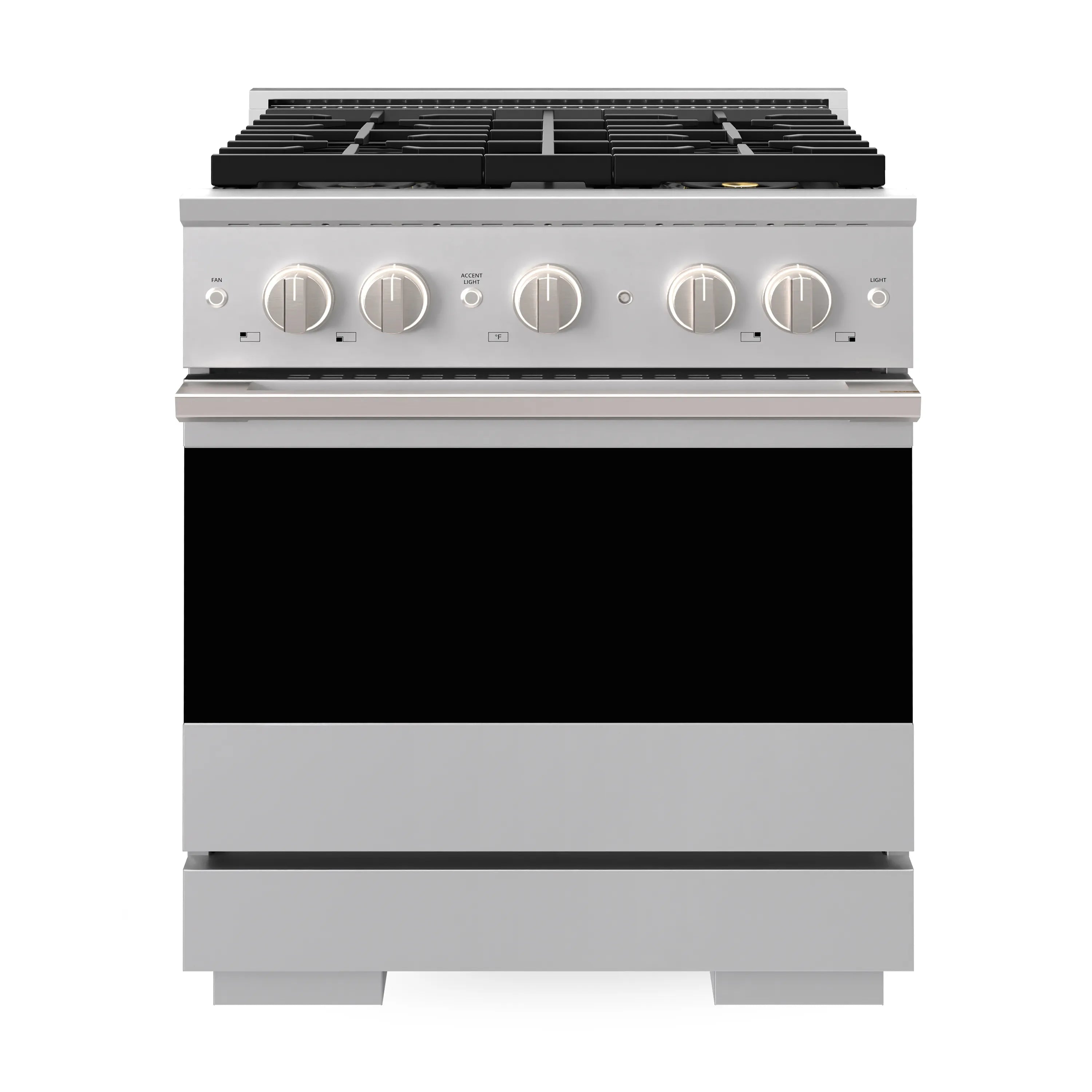 Stainless steel gas range with four knobs and black oven door, front view