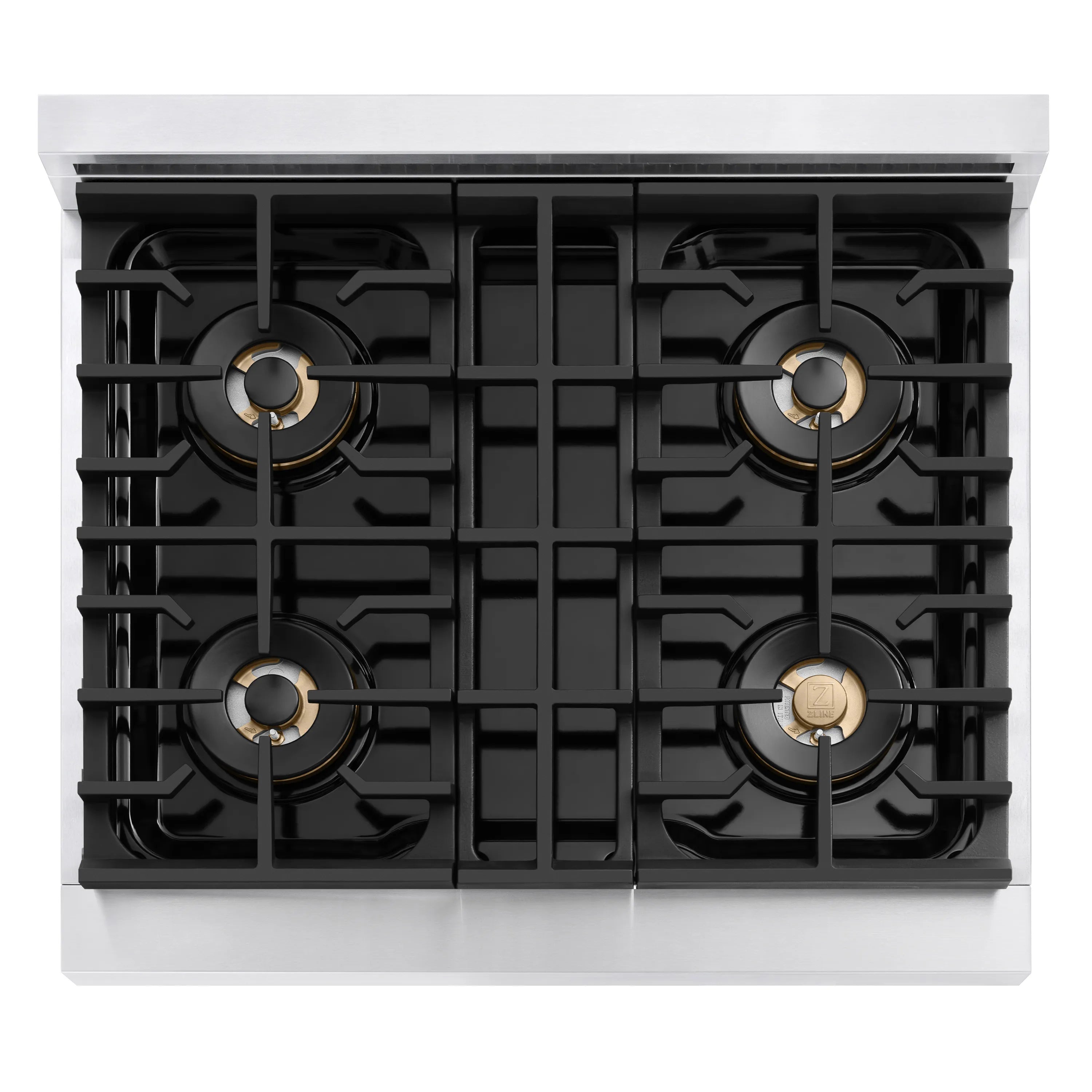 Four-burner gas cooktop with black grates and circular burner caps