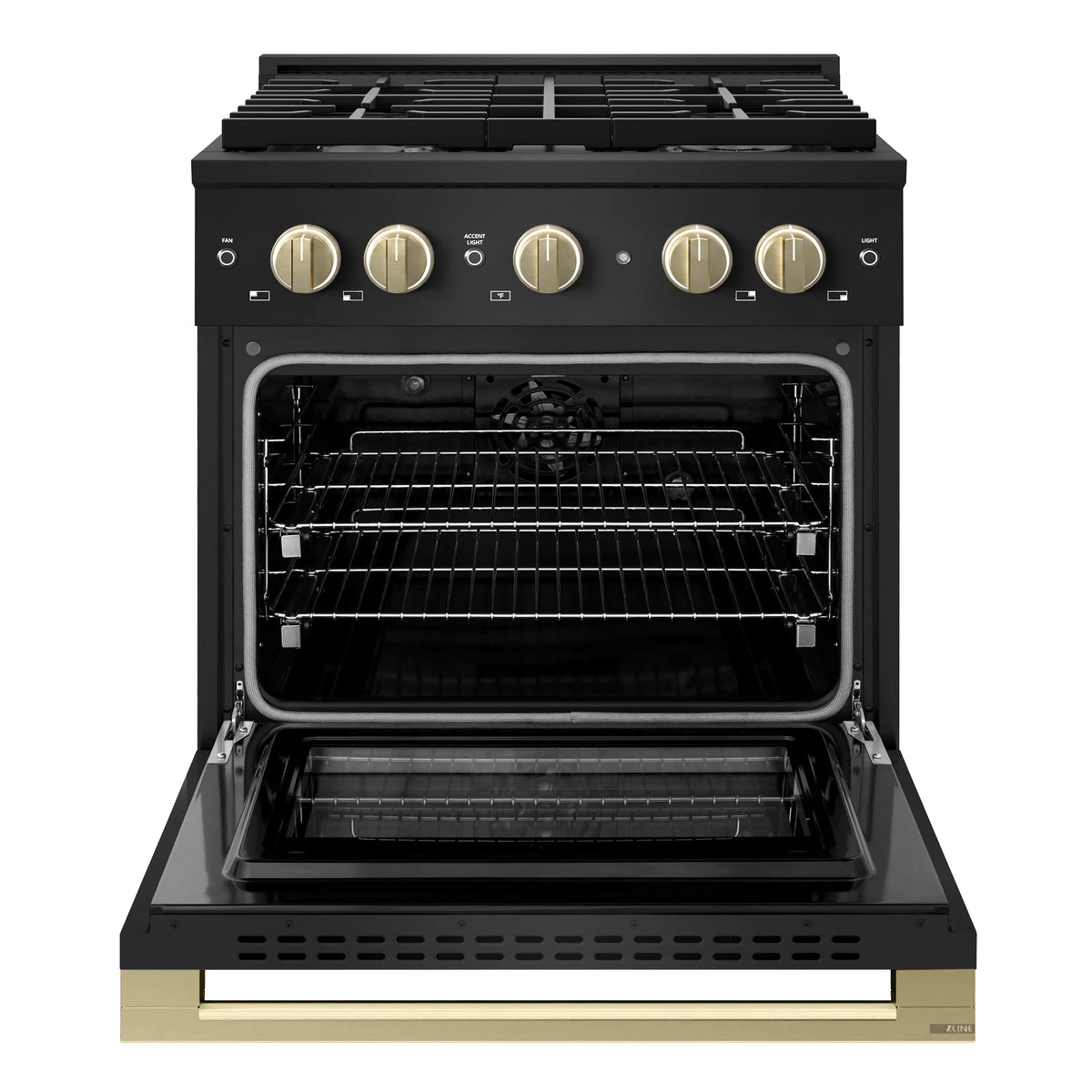 Open oven door showing interior racks on black dual fuel range