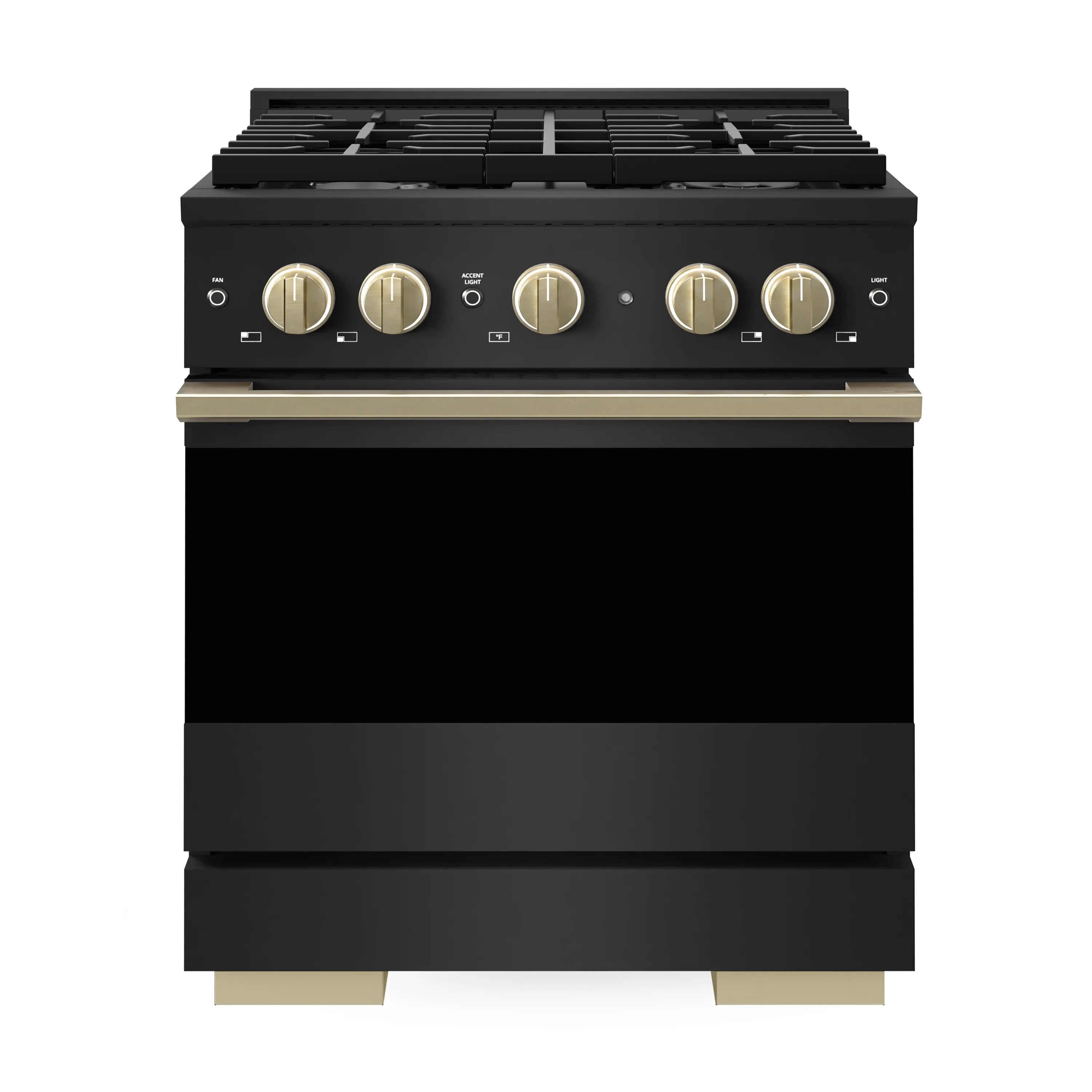 Black stainless dual fuel range front with champagne bronze control knobs and burner grates