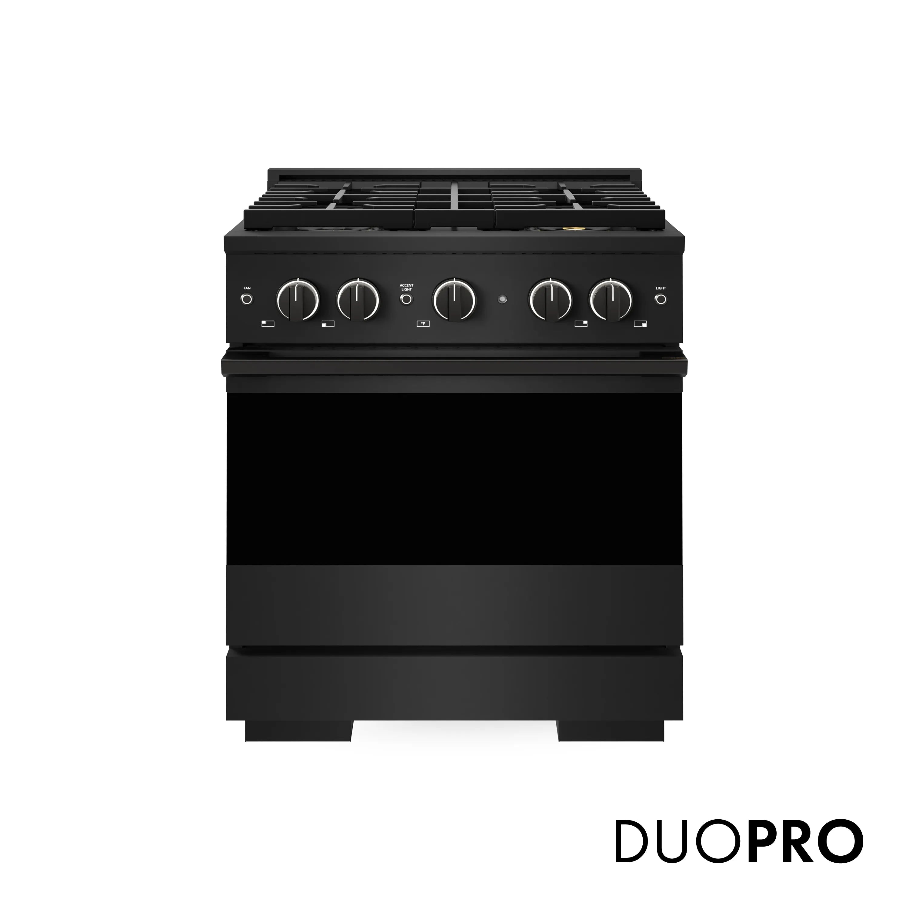 Black dual fuel range front with control panel and oven door
