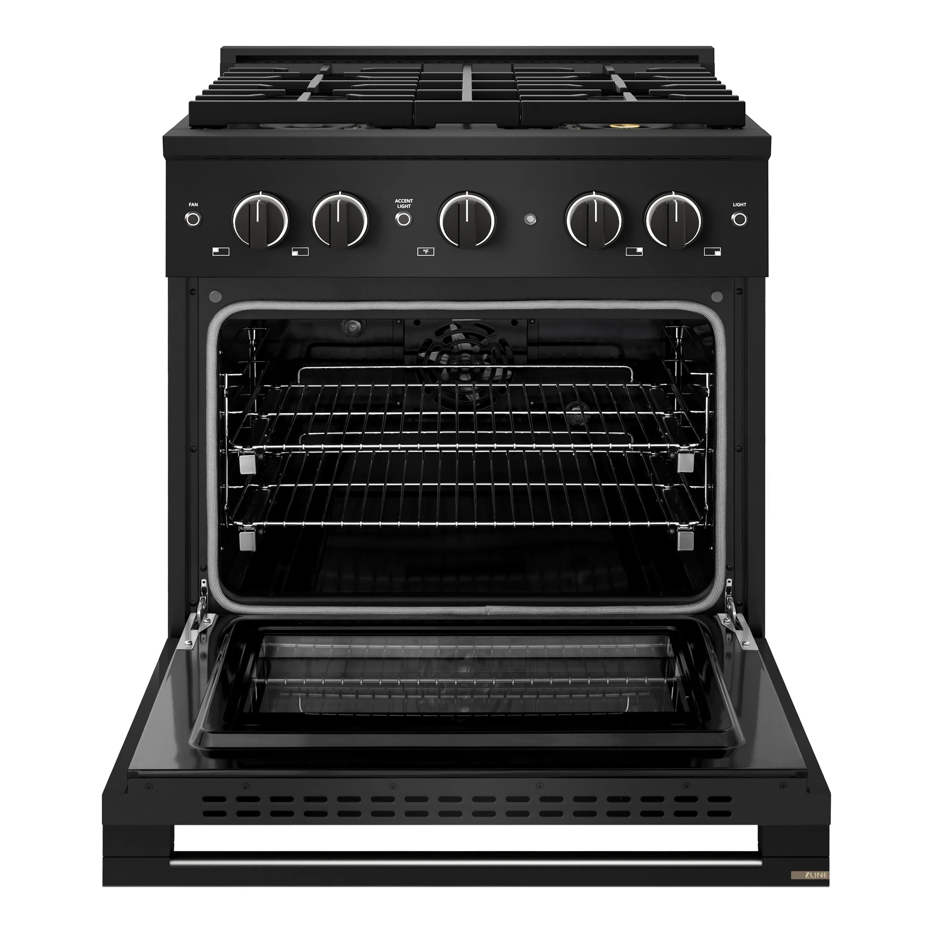 Black electric convection oven range with open oven door and four burners