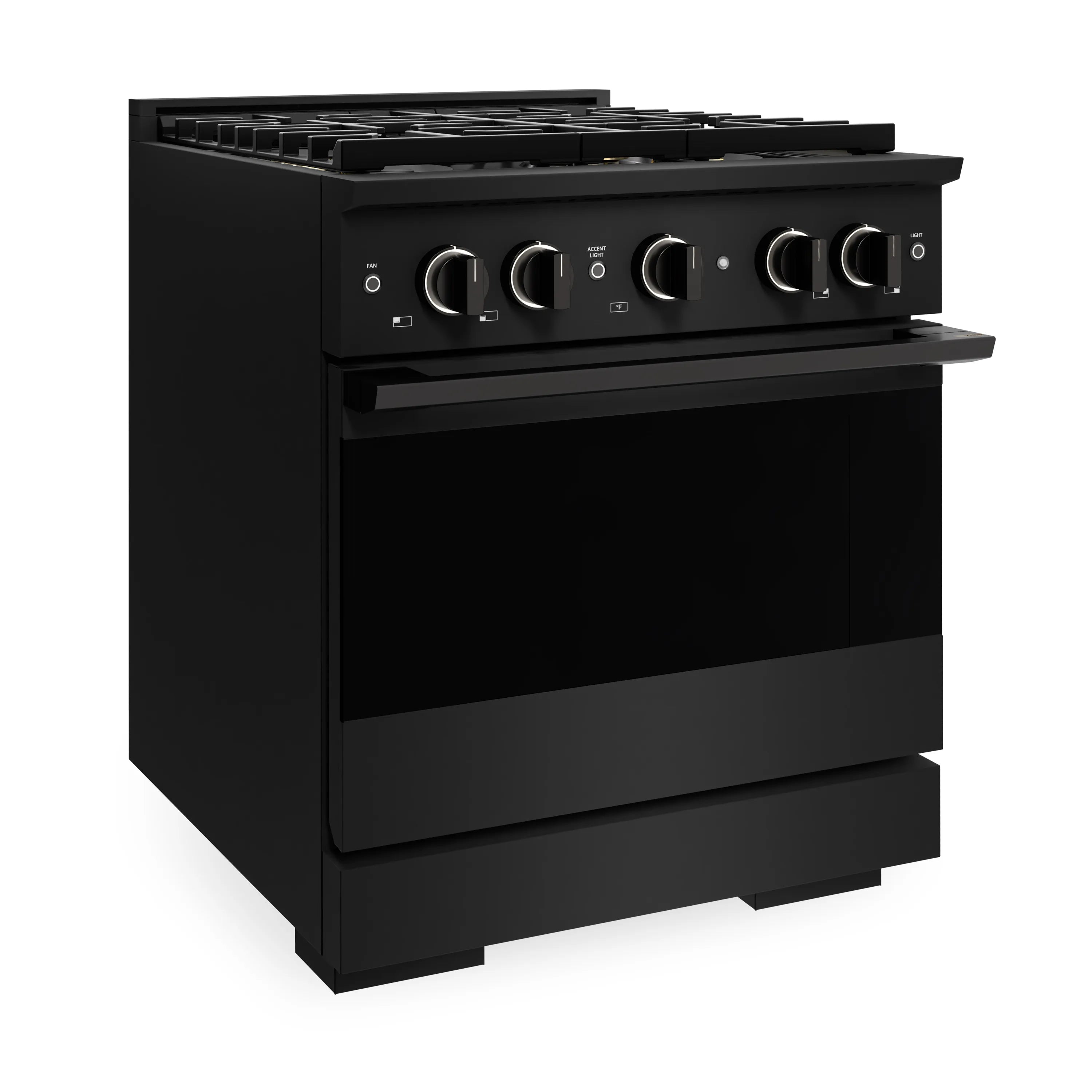 Black dual fuel range with burner grates, control knobs, and oven door