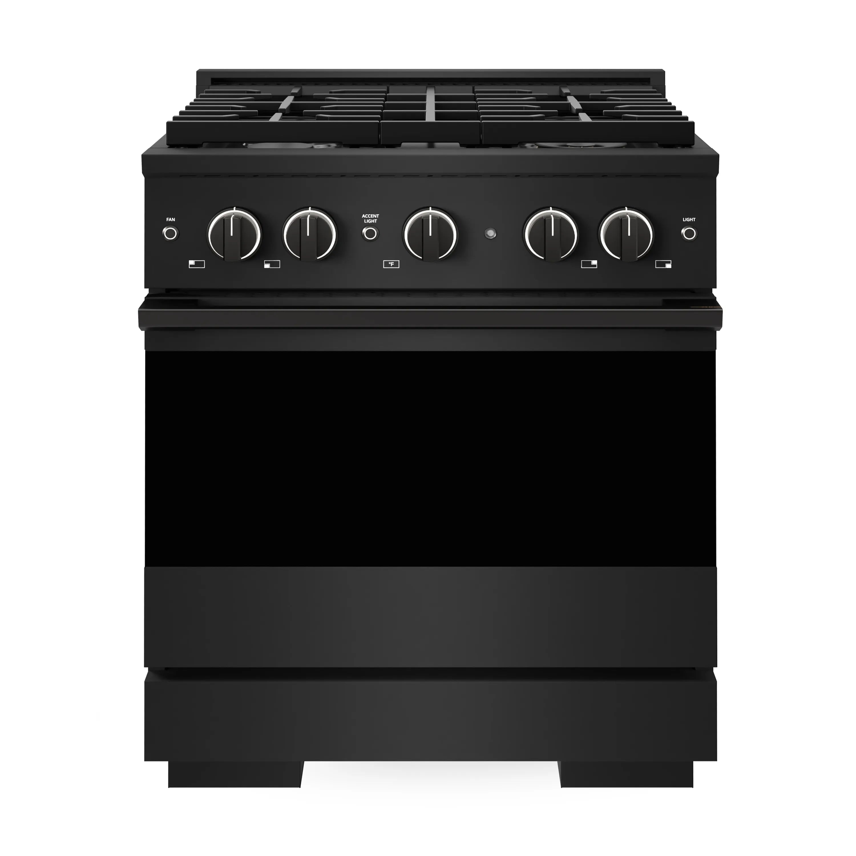 Black gas range front view with cooktop grates and control knobs