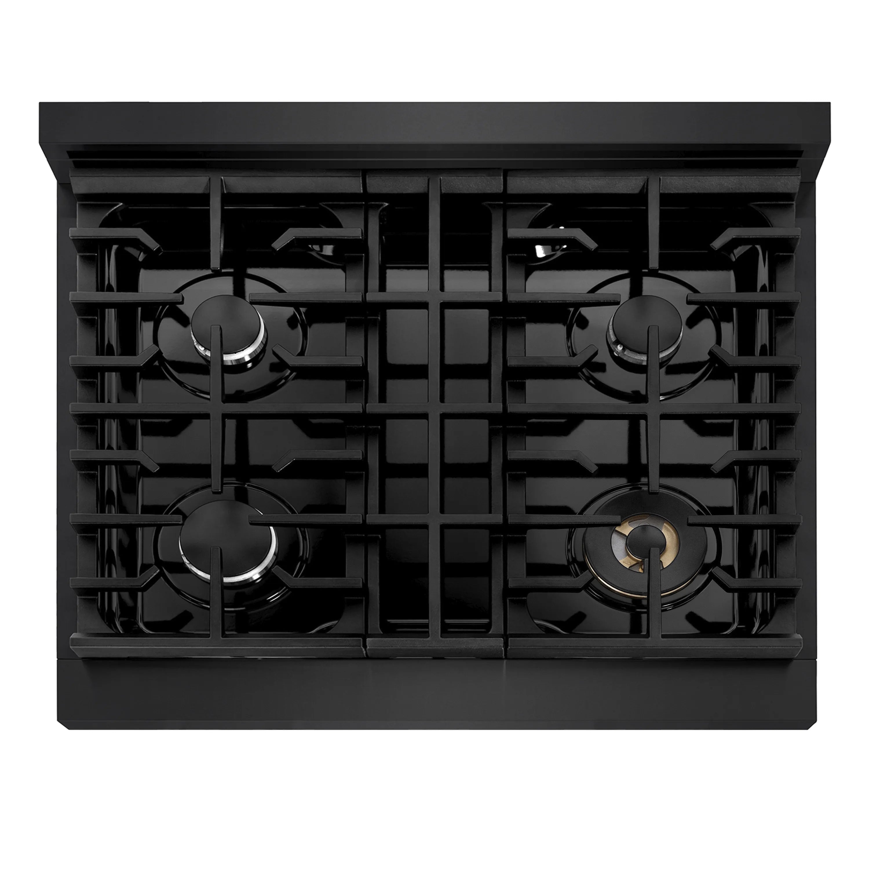 Black four-burner gas cooktop with cast grates and burner caps