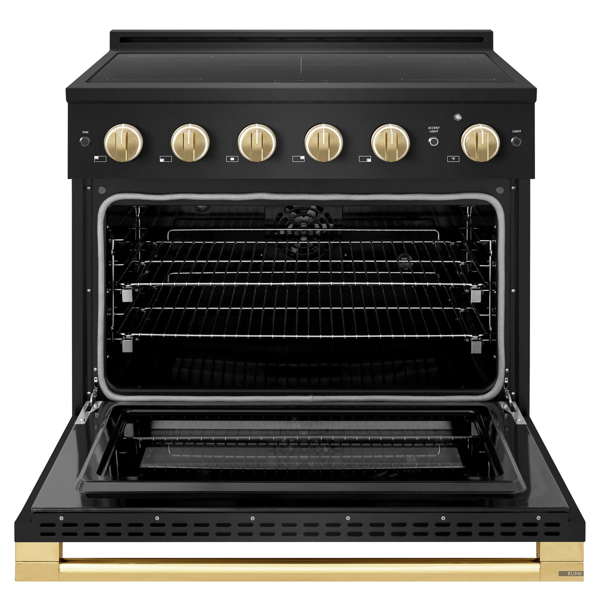 ZLINE Autograph Edition 36-Inch 5.2 cu. ft. Marino Induction Range with 5 Element Cooktop and Electric Convection Oven in Black Stainless Steel with Polished Gold Accents (MINRBZ-36-G)