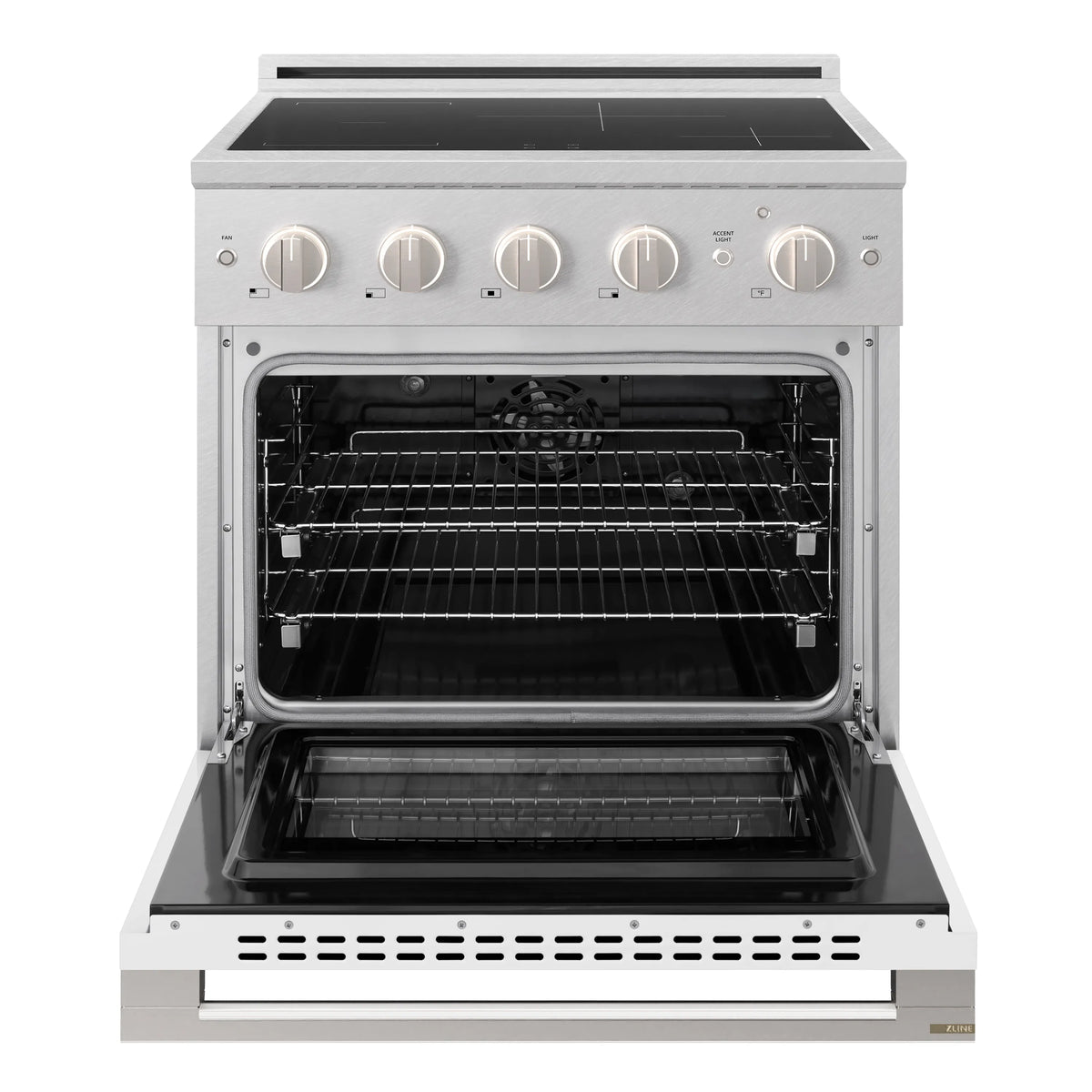ZLINE 30-Inch 4.2 cu. ft. Marino Induction Range with 4 Element Cooktop and Electric Convection Oven in Satin Stainless Steel with White Matte Door (MINRS-WM-30)