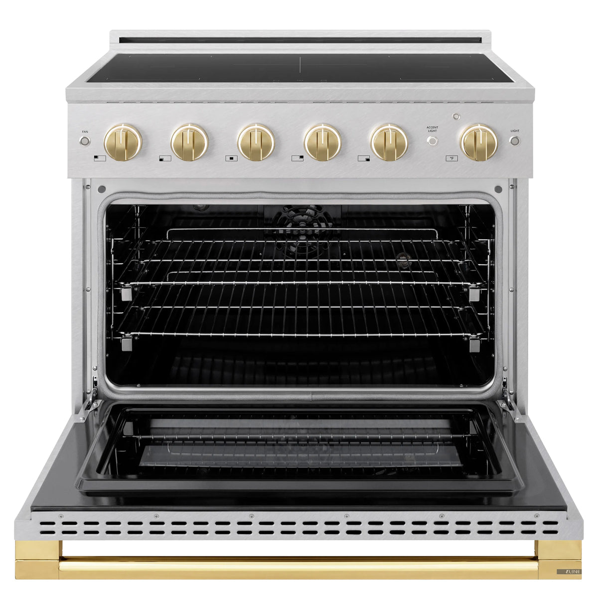 ZLINE Autograph Edition 36-Inch 5.2 cu. ft. Marino Induction Range with 5 Element Cooktop and Electric Convection Oven in Satin Stainless Steel with Polished Gold Accents (MINRSZ-36-G)