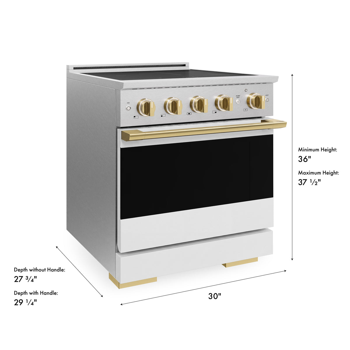 ZLINE Autograph Edition 30-Inch 4.2 cu. ft. Marino Induction Range with 4 Element Cooktop and Electric Convection Oven in Satin Stainless Steel with White Matte Door and Polished Gold Accents (MINRSZ-WM-30-G)