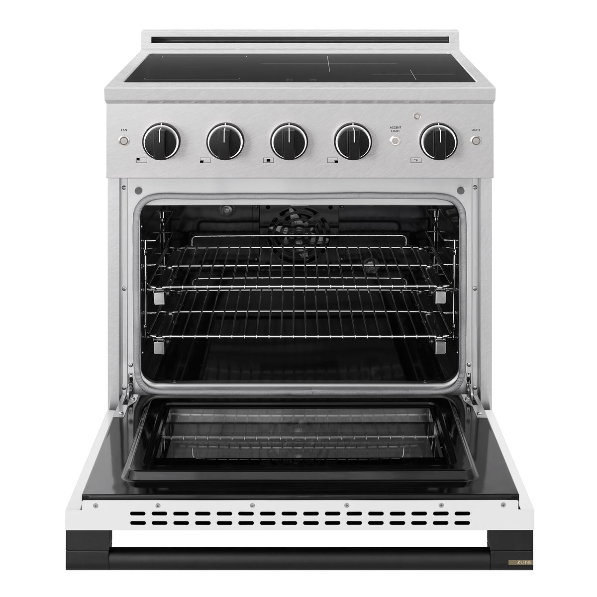 ZLINE Autograph Edition 30-Inch 4.2 cu. ft. Marino Induction Range with 4 Element Cooktop and Electric Convection Oven in Satin Stainless Steel with White Matte Door and Matte Black Accents (MINRSZ-WM-30-MB)