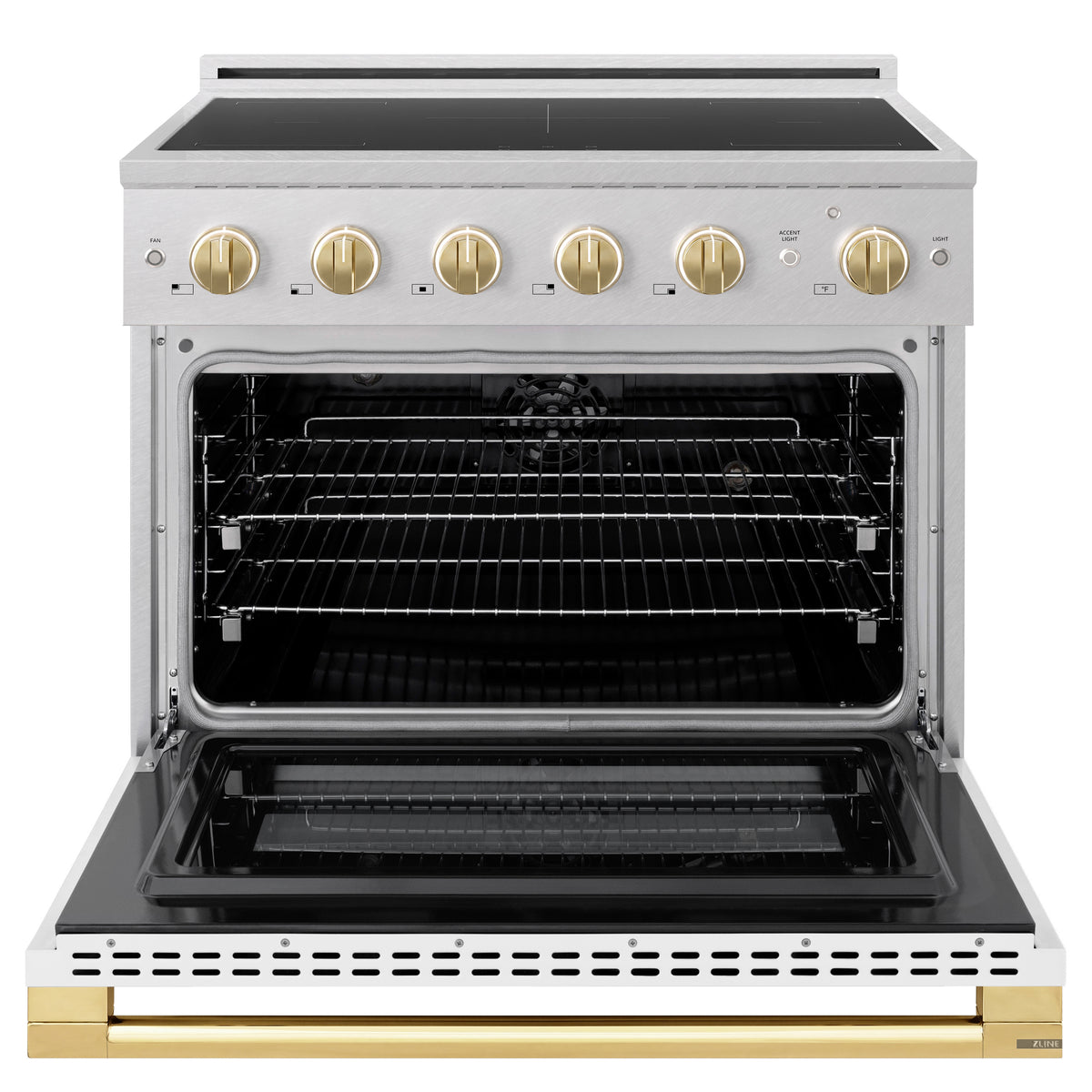 ZLINE Autograph Edition 36-Inch 5.2 cu. ft. Marino Induction Range with 5 Element Cooktop and Electric Convection Oven in Satin Stainless Steel with White Matte Door and Polished Gold Accents (MINRSZ-WM-36-G)