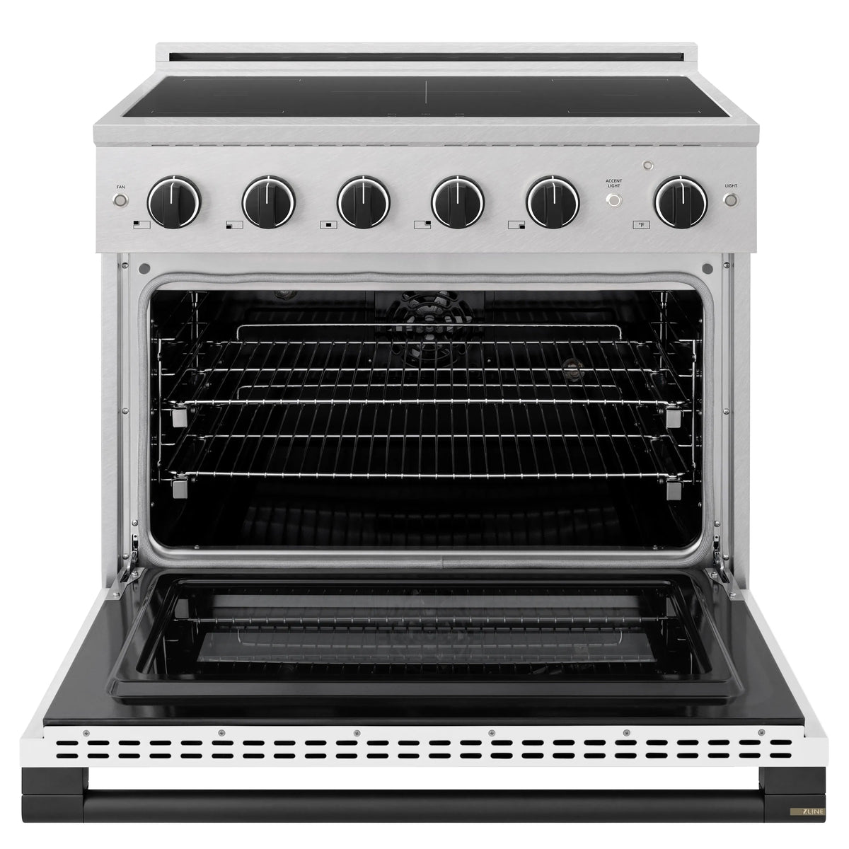 ZLINE Autograph Edition 36-Inch 5.2 cu. ft. Marino Induction Range with 5 Element Cooktop and Electric Convection Oven in Satin Stainless Steel with White Matte Door and Matte Black Accents (MINRSZ-WM-36-MB)