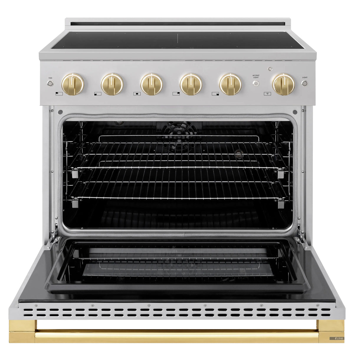 ZLINE Autograph Edition 36-Inch 5.2 cu. ft. Marino Induction Range with 5 Element Cooktop and Electric Convection Oven in Stainless Steel with Polished Gold Accents (MINRZ-36-G)