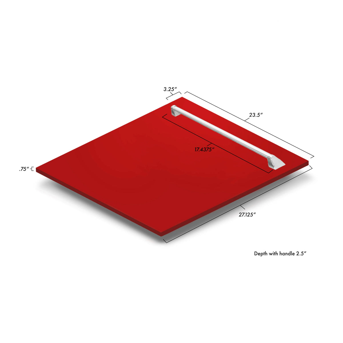 Red matte 24-inch dishwasher door with stainless steel handle and panel detail