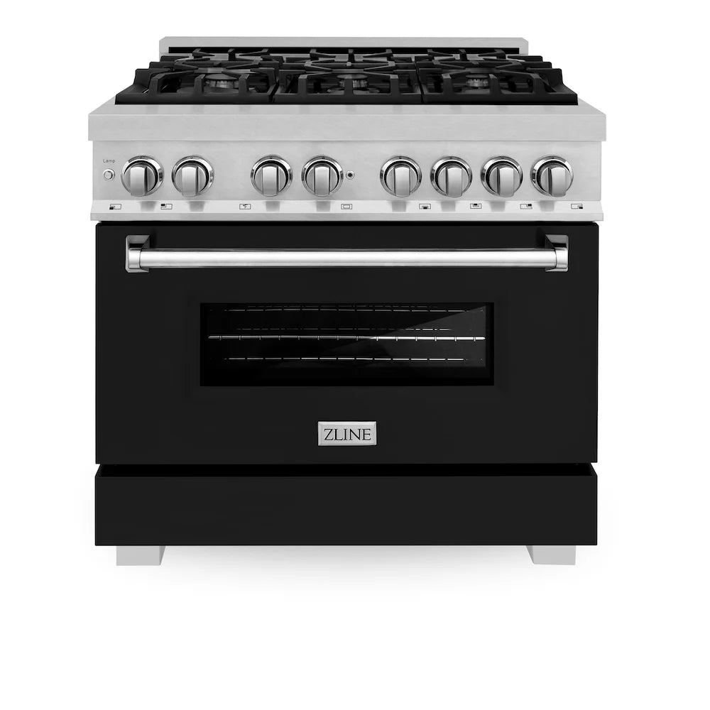 Dual fuel range front view with black oven door window and stainless control knobs
