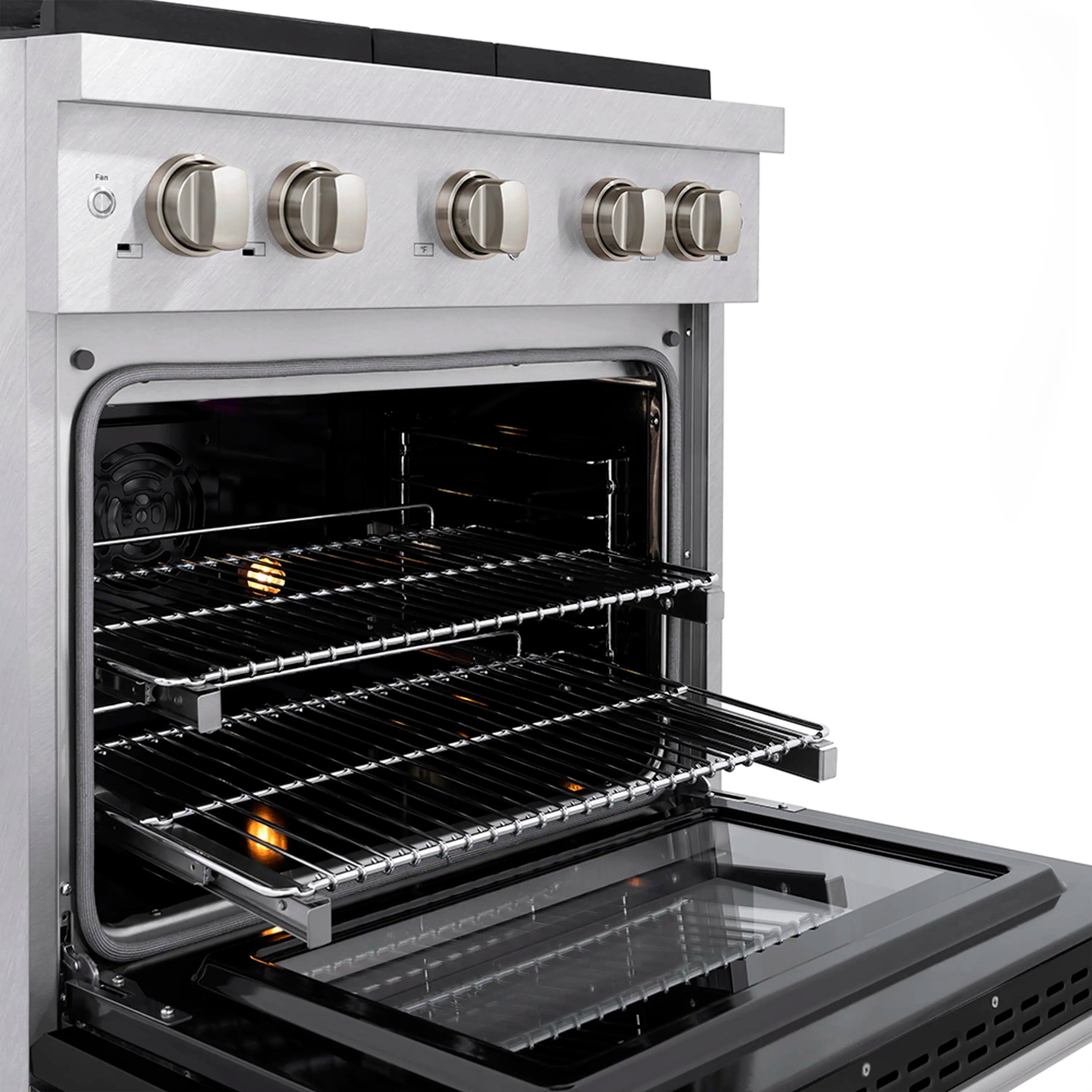 Open oven cavity with bake racks and heating elements on a stainless steel range