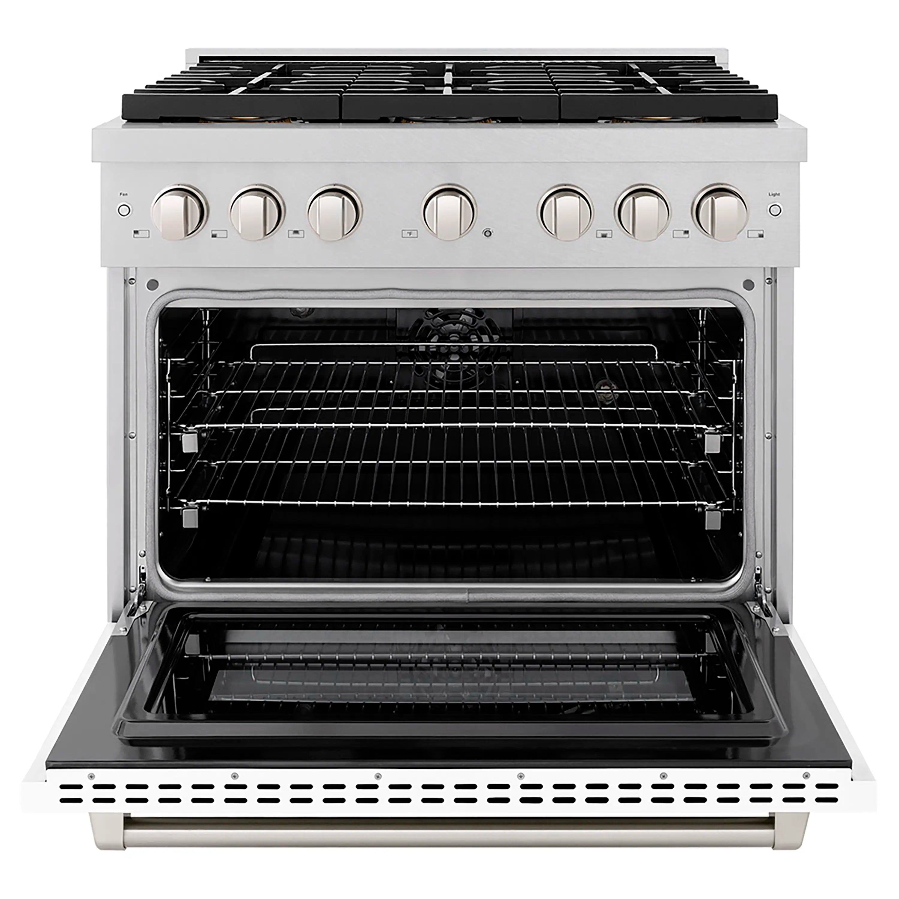 Stainless steel dual fuel range with open oven door and black cooktop grates