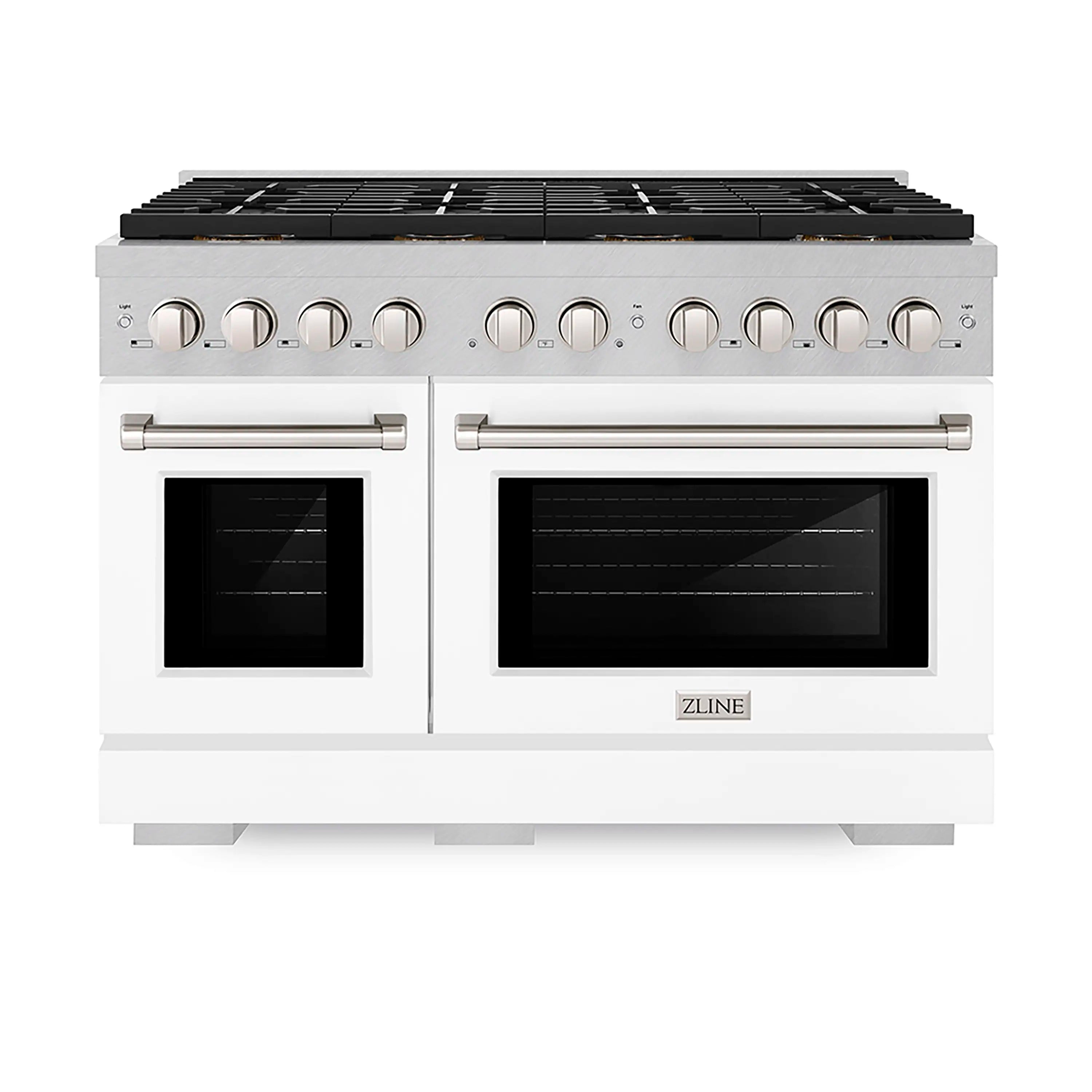 Dual fuel range with satin stainless steel front, black cooktop grates, and dual oven doors