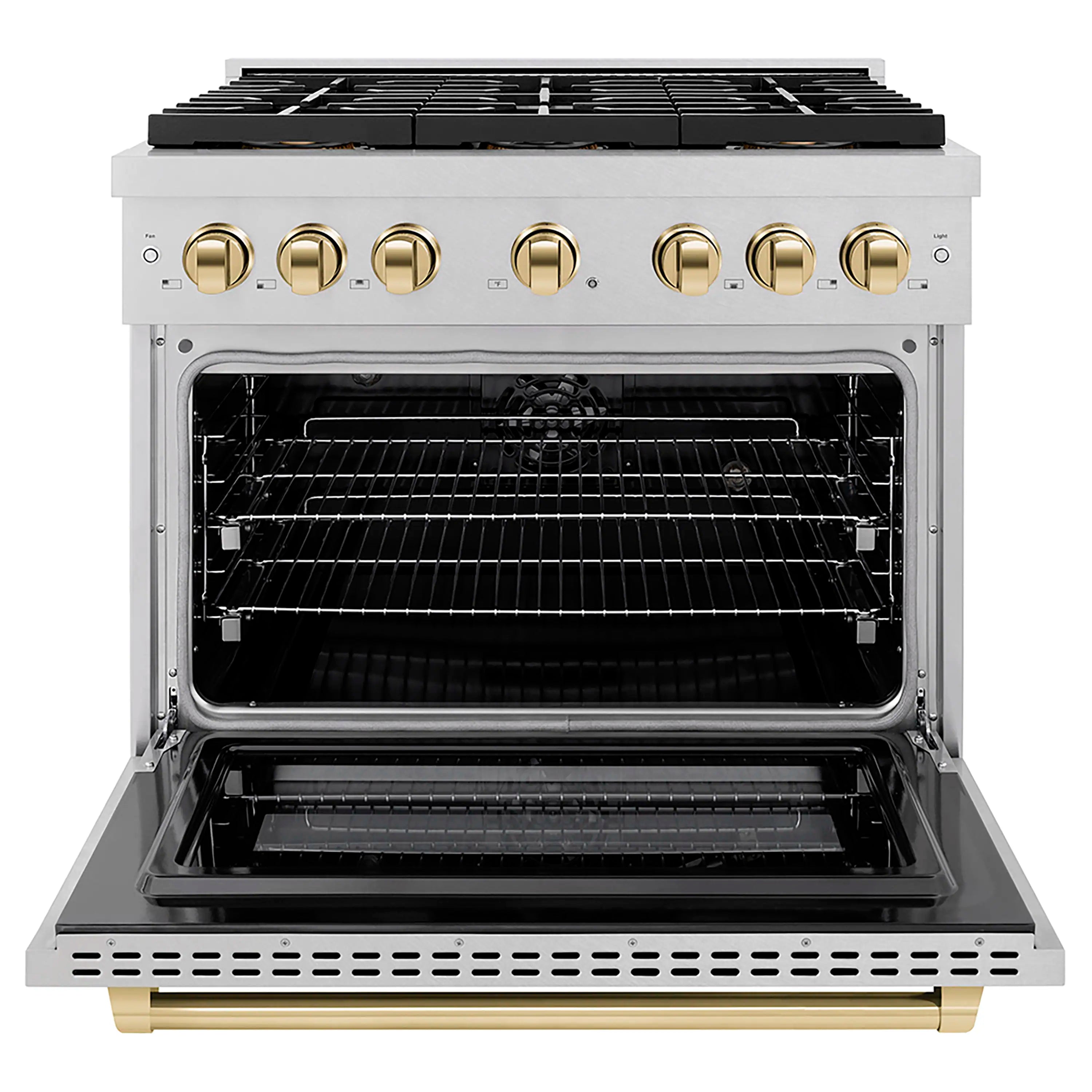 Dual-fuel range with open oven door, interior racks, and polished gold control knobs