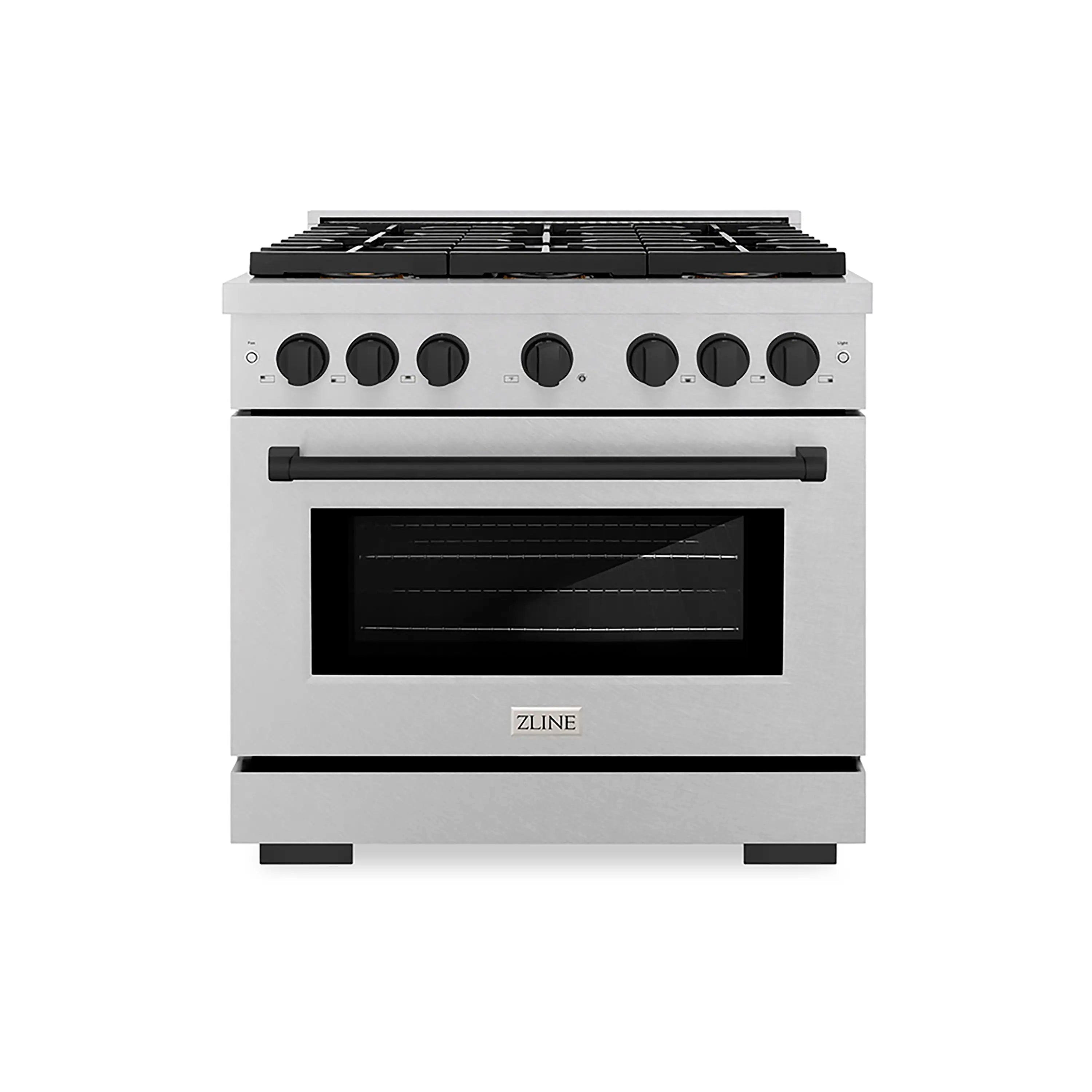 36-inch dual fuel range with satin stainless front, black control knobs, and oven door
