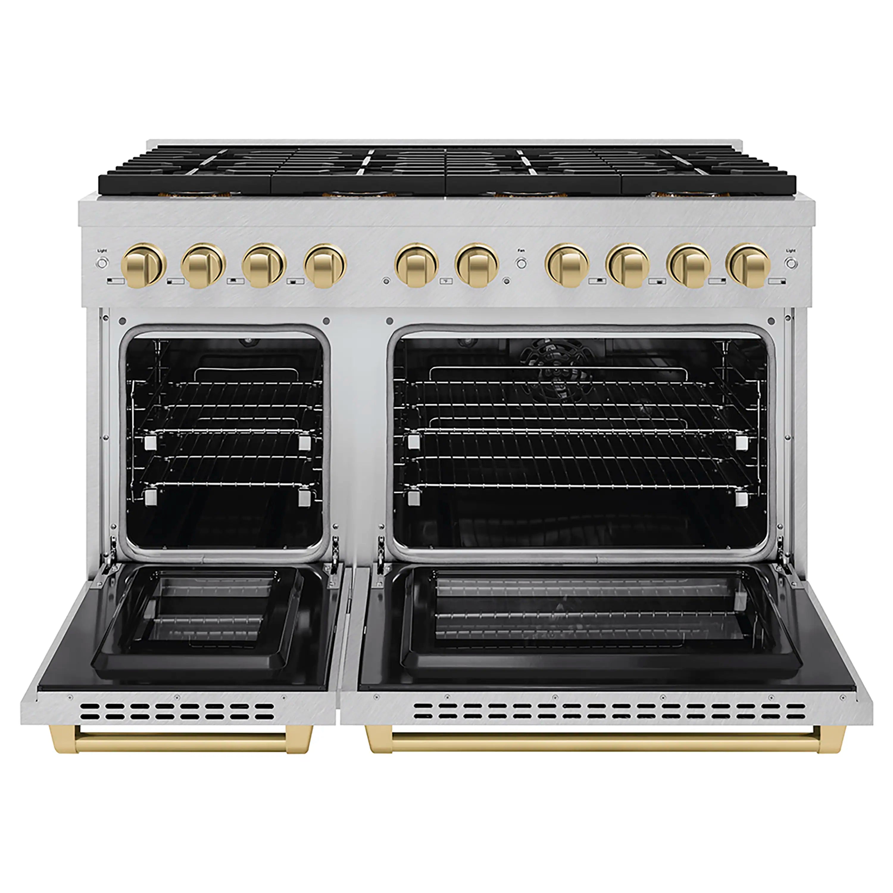 Satin stainless steel dual fuel range with dual ovens open, champagne bronze knobs and pulls