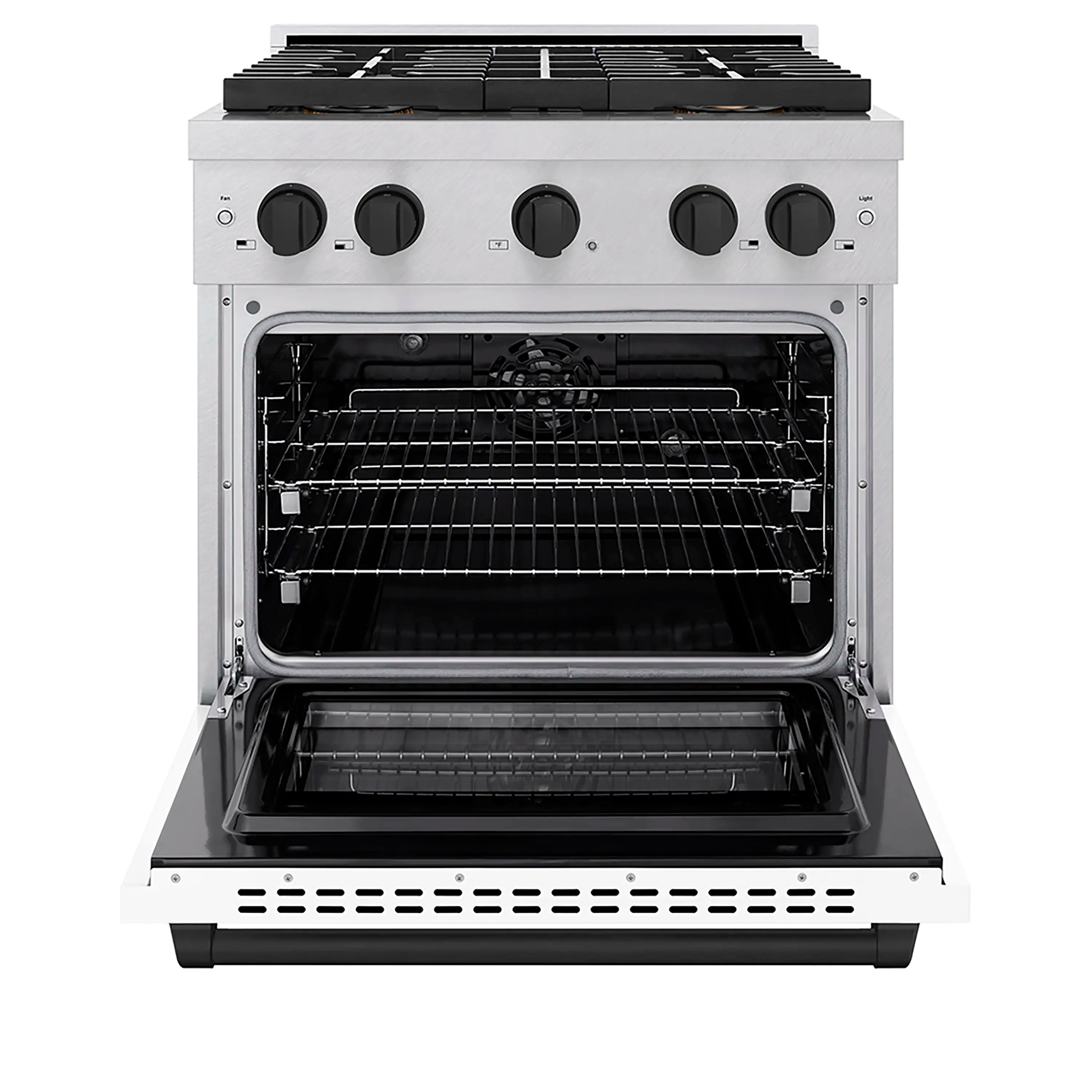 Dual fuel range with oven door open, showing wire rack and dark interior cavity
