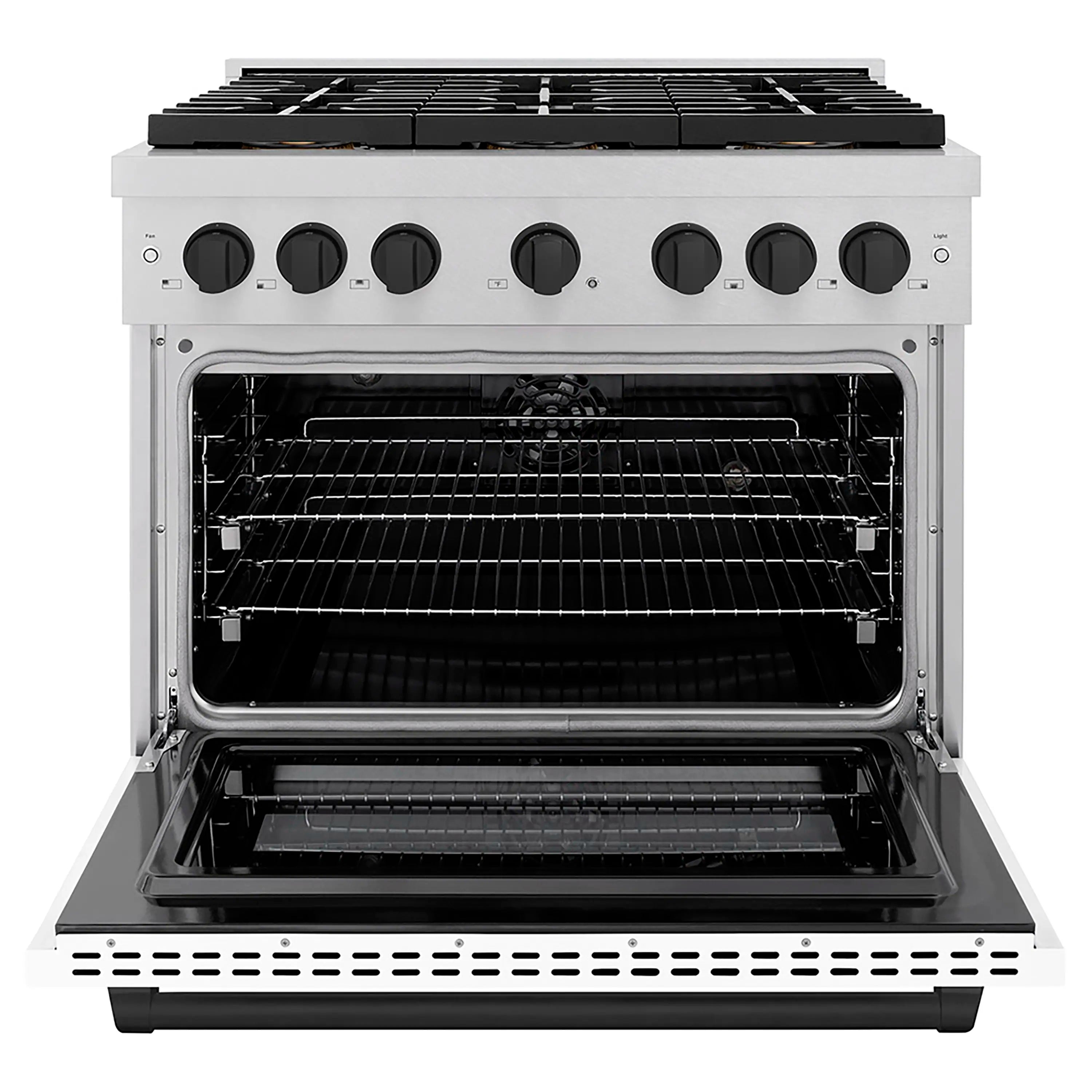 Dual fuel range with open electric oven and racks; six-burner cooktop with black grates