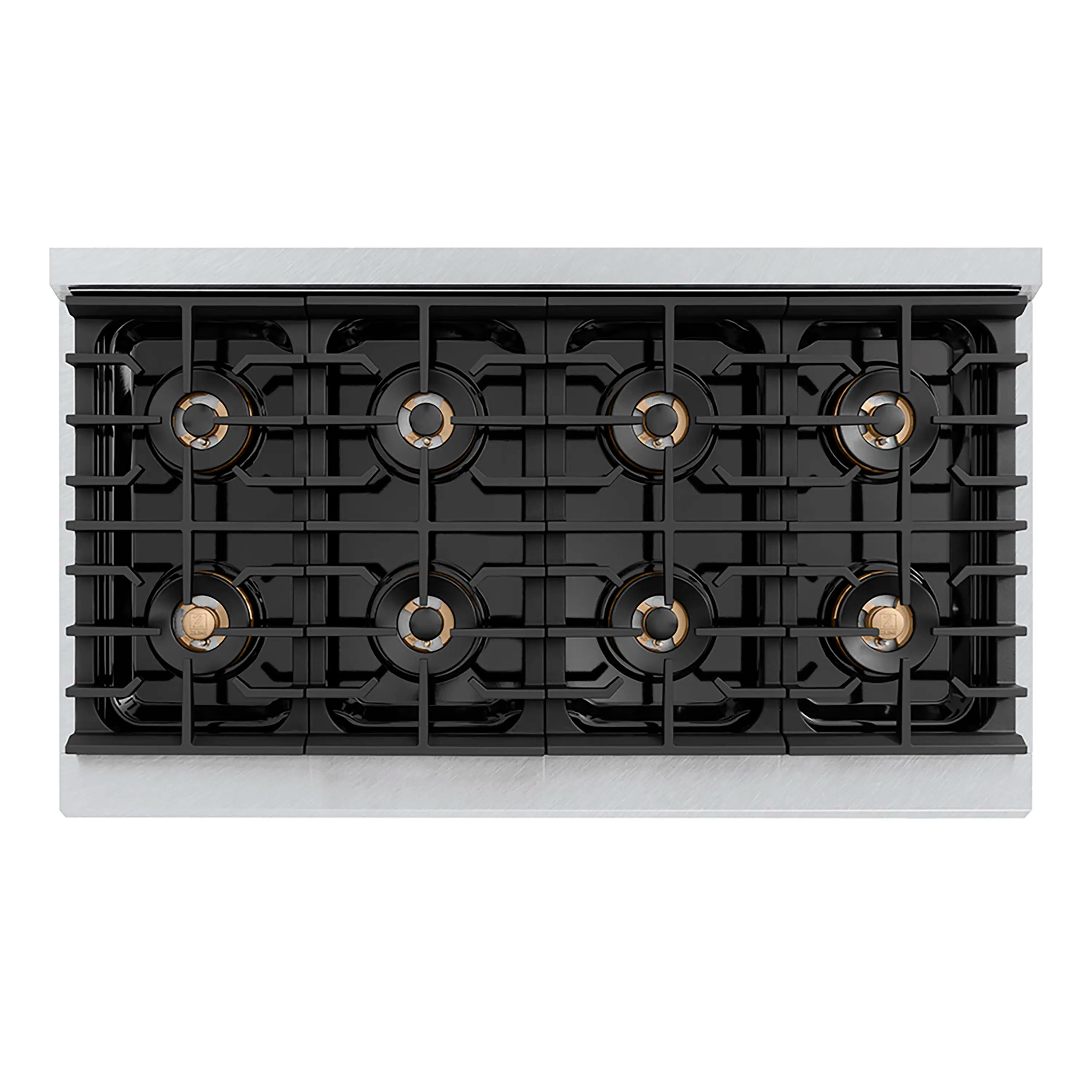 Back view of dual-fuel cooktop showing burner grates and brass-ring burners
