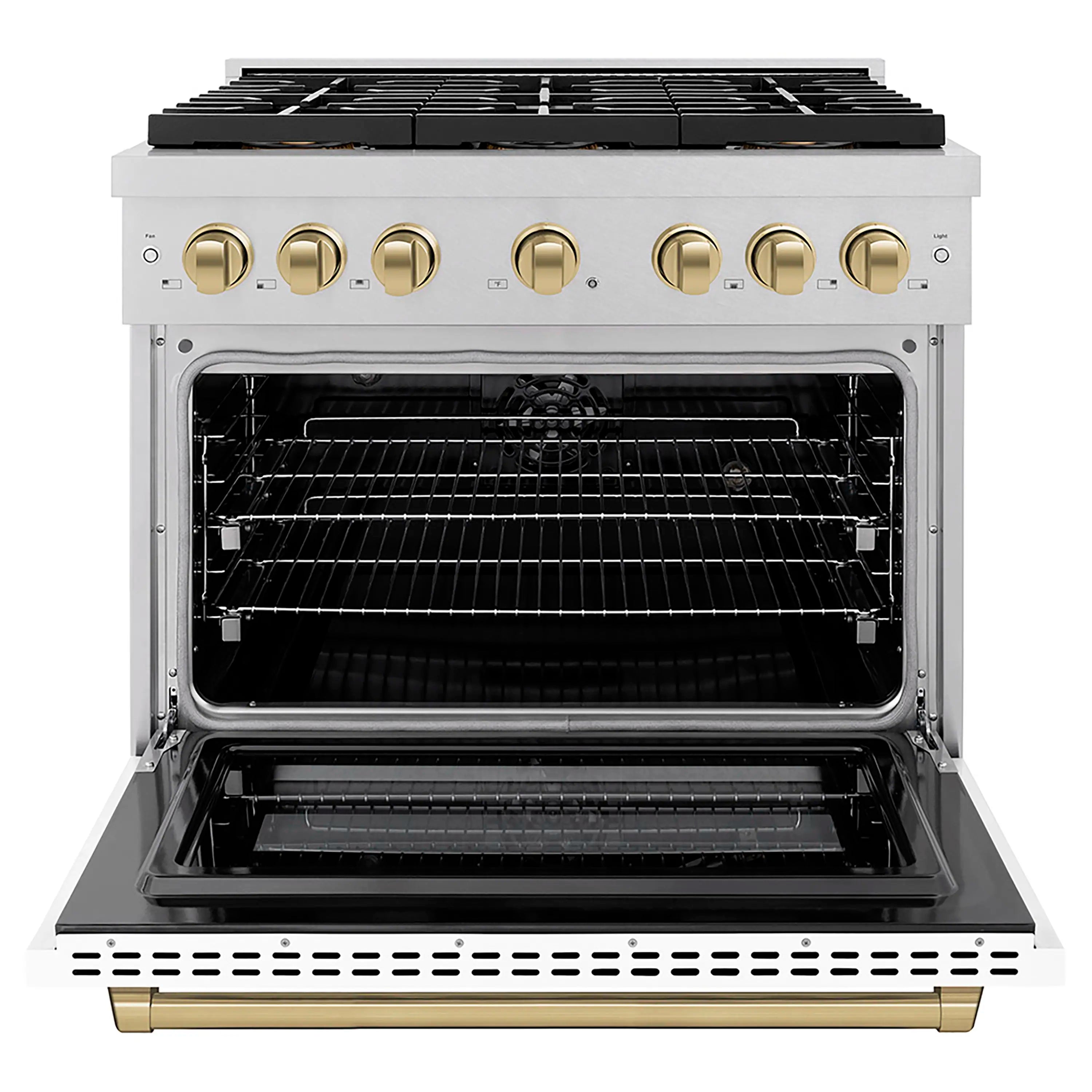 Dual fuel range with open convection oven, oven racks and interior heating area visible
