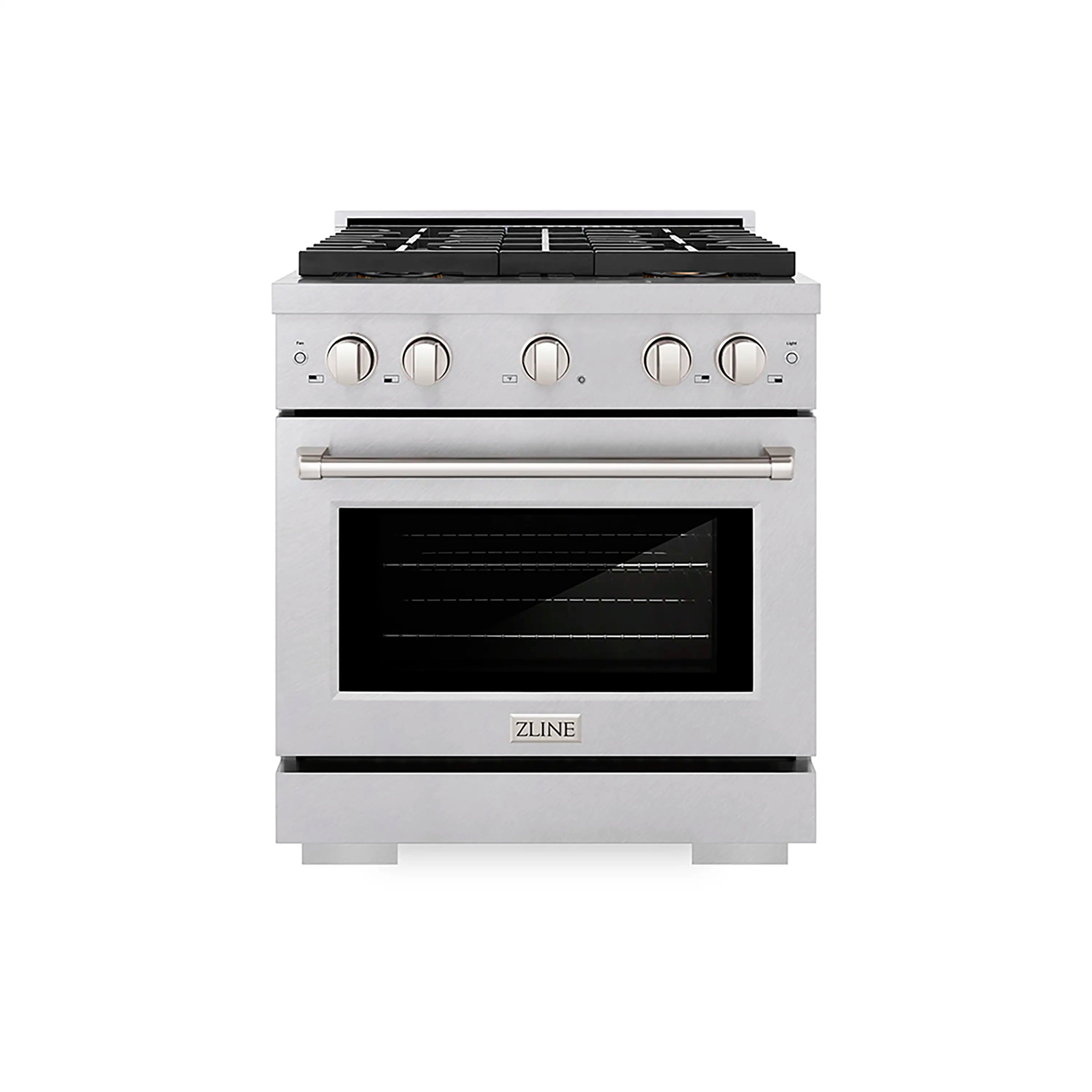 Satin stainless steel gas range with four-burner top and convection oven door
