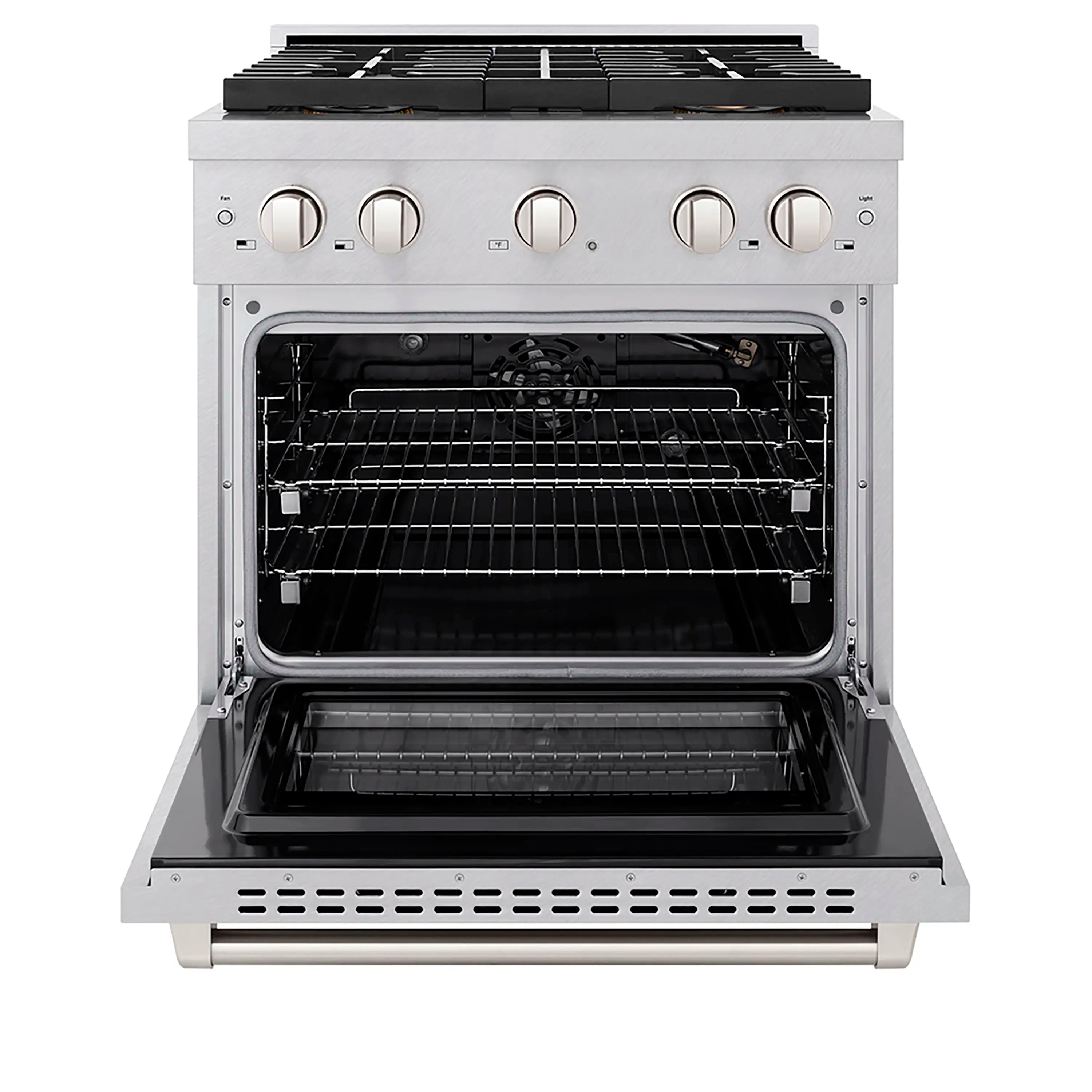 Open convection gas oven with racks, black interior, and stainless steel frame